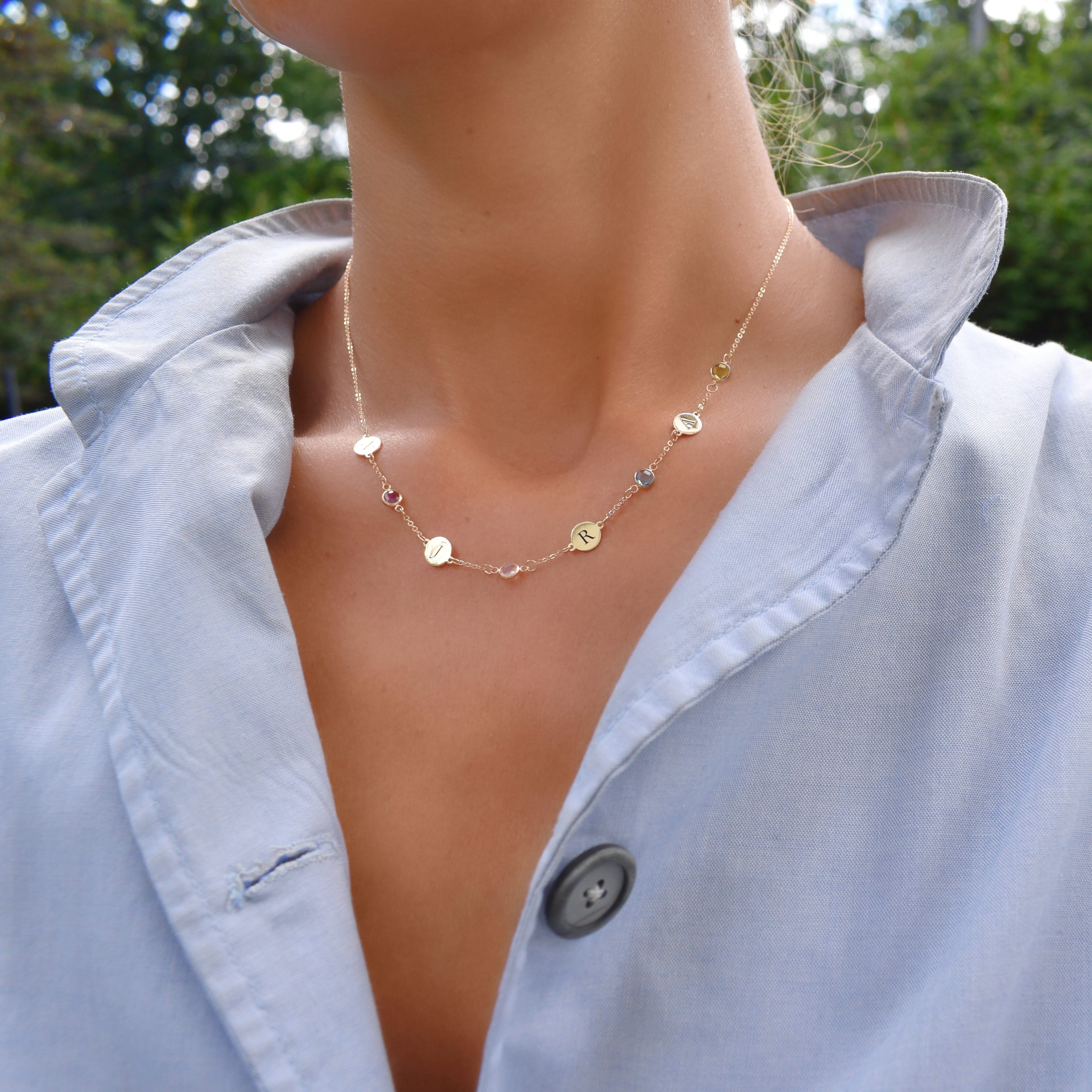 4 Letter & 4 Petite Birthstone Necklace in 14k Gold (Single Spacing) - Image 2