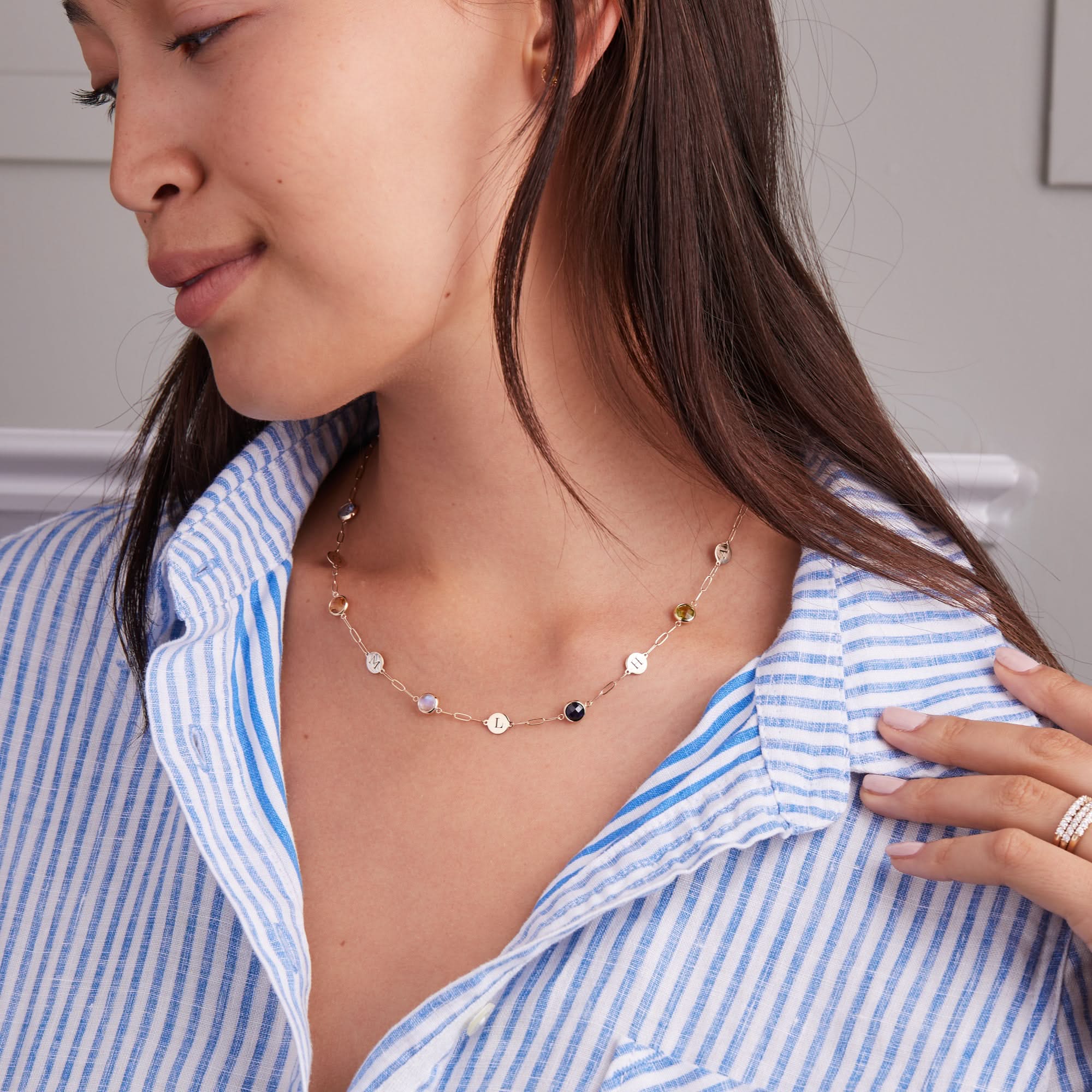 5 Letter & 5 Grand Birthstone Adelaide Mini Necklace in 14k Gold - Image 2