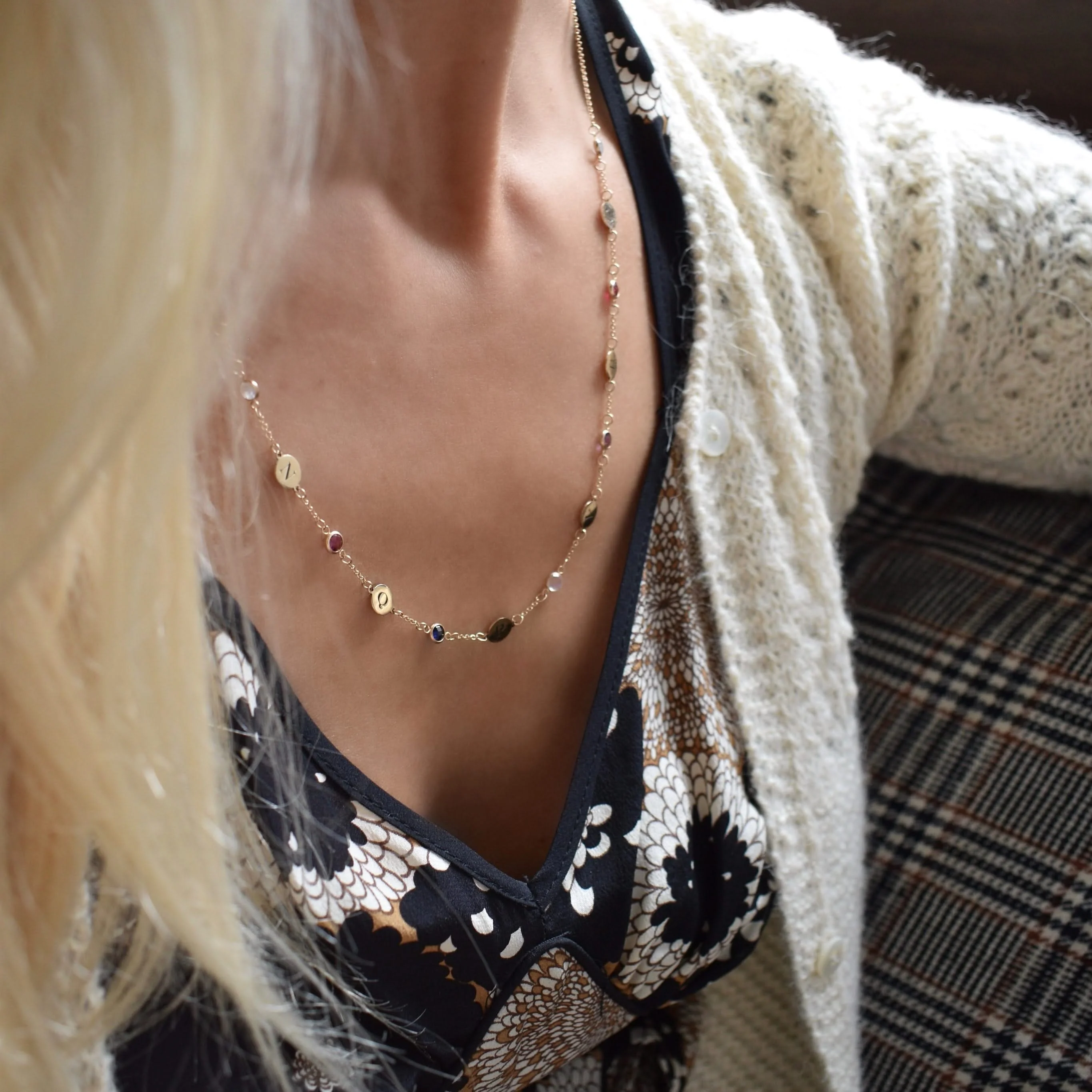 7 Letter & 7 Petite Birthstone Necklace in 14k Gold (Single Spacing) - Image 7