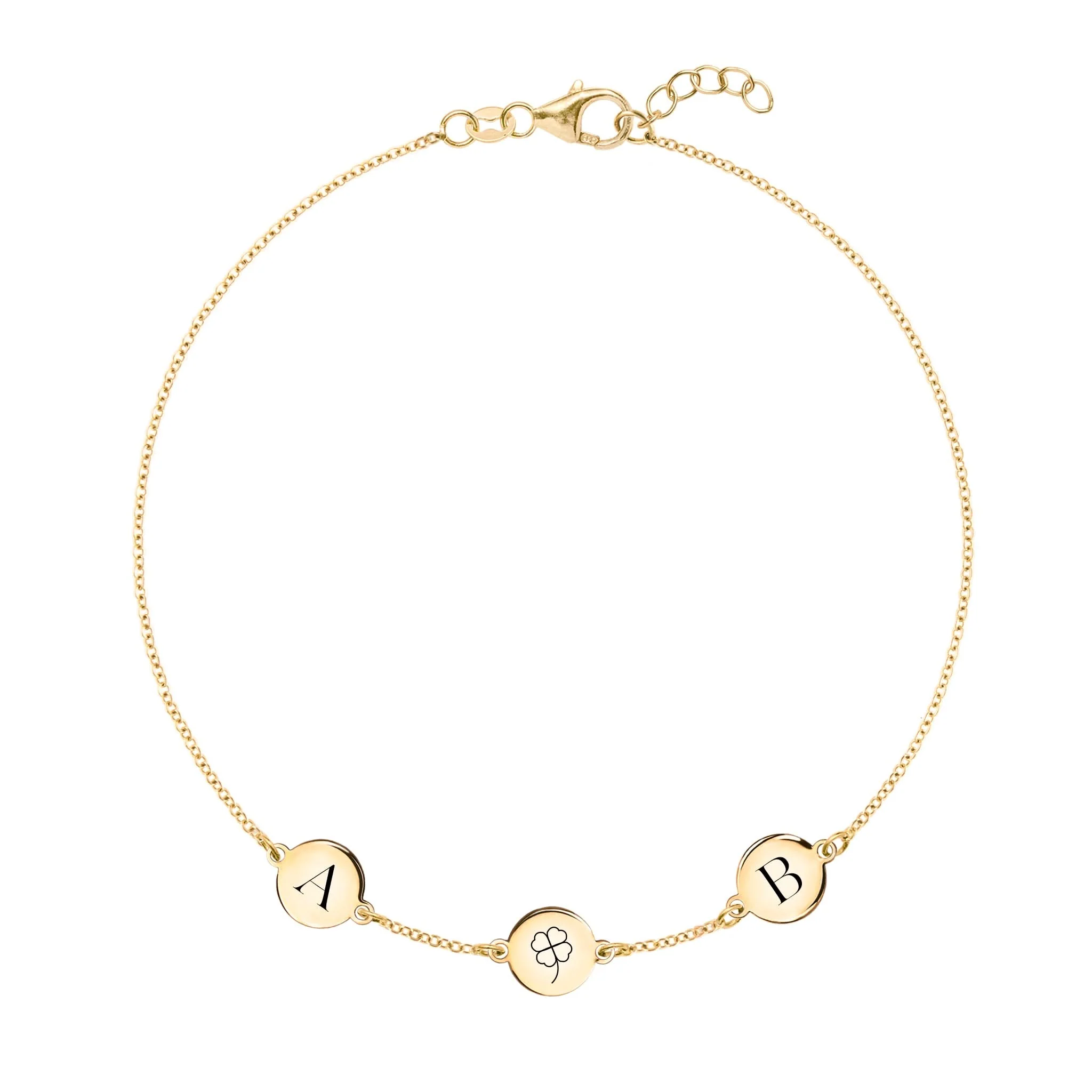 Clover Disc & 2 Letter Bracelet in 14k Gold