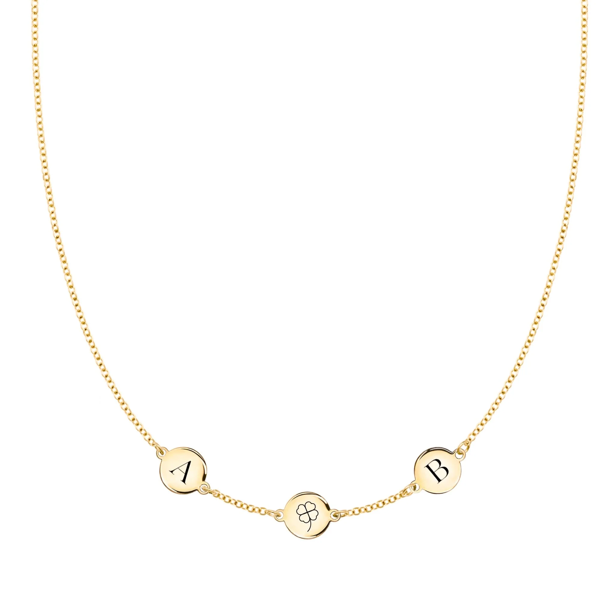 Clover Disc & 2 Letter Necklace in 14k Gold