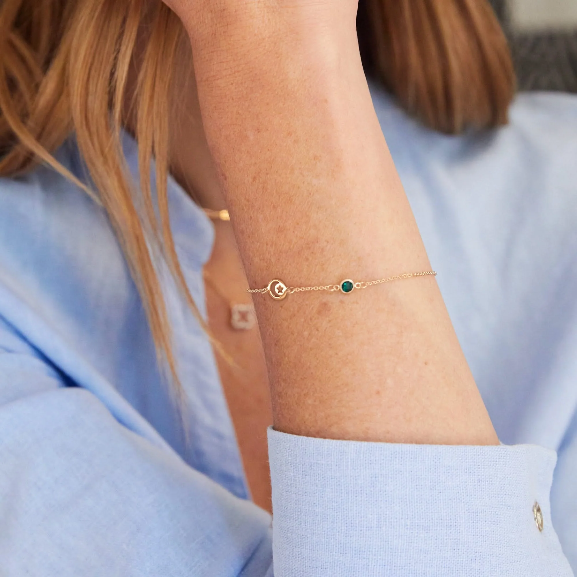 Crescent & Star Disc & Petite 1 Birthstone Bracelet in 14k Gold - Image 3