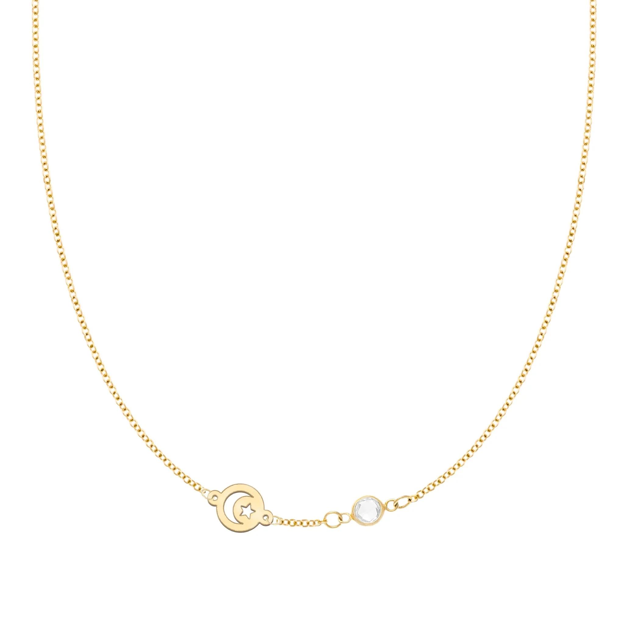 Crescent & Star Disc & Petite 1 Birthstone Necklace in 14k Gold