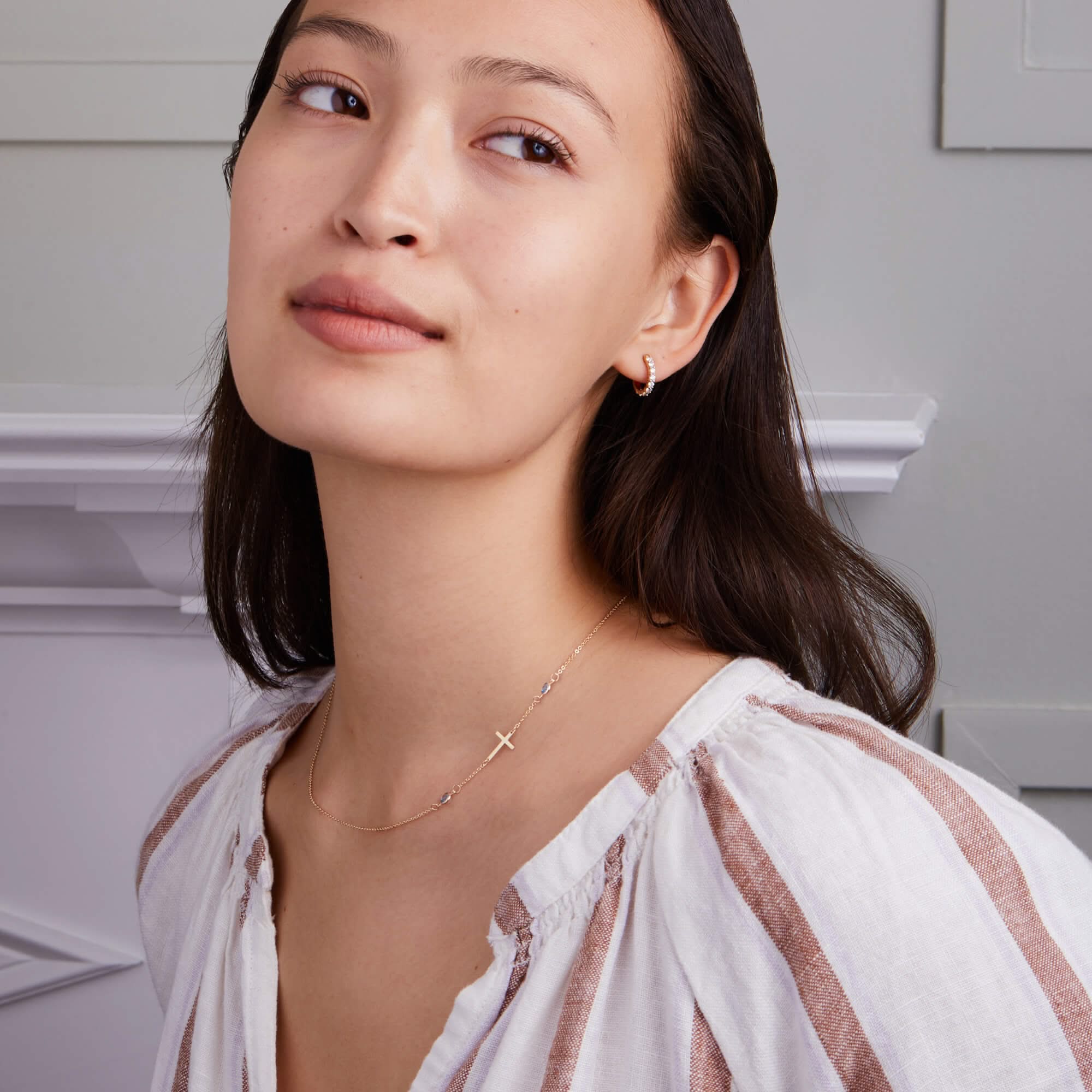 Cross & Petite 2 Birthstone Necklace in 14k Gold - Image 2