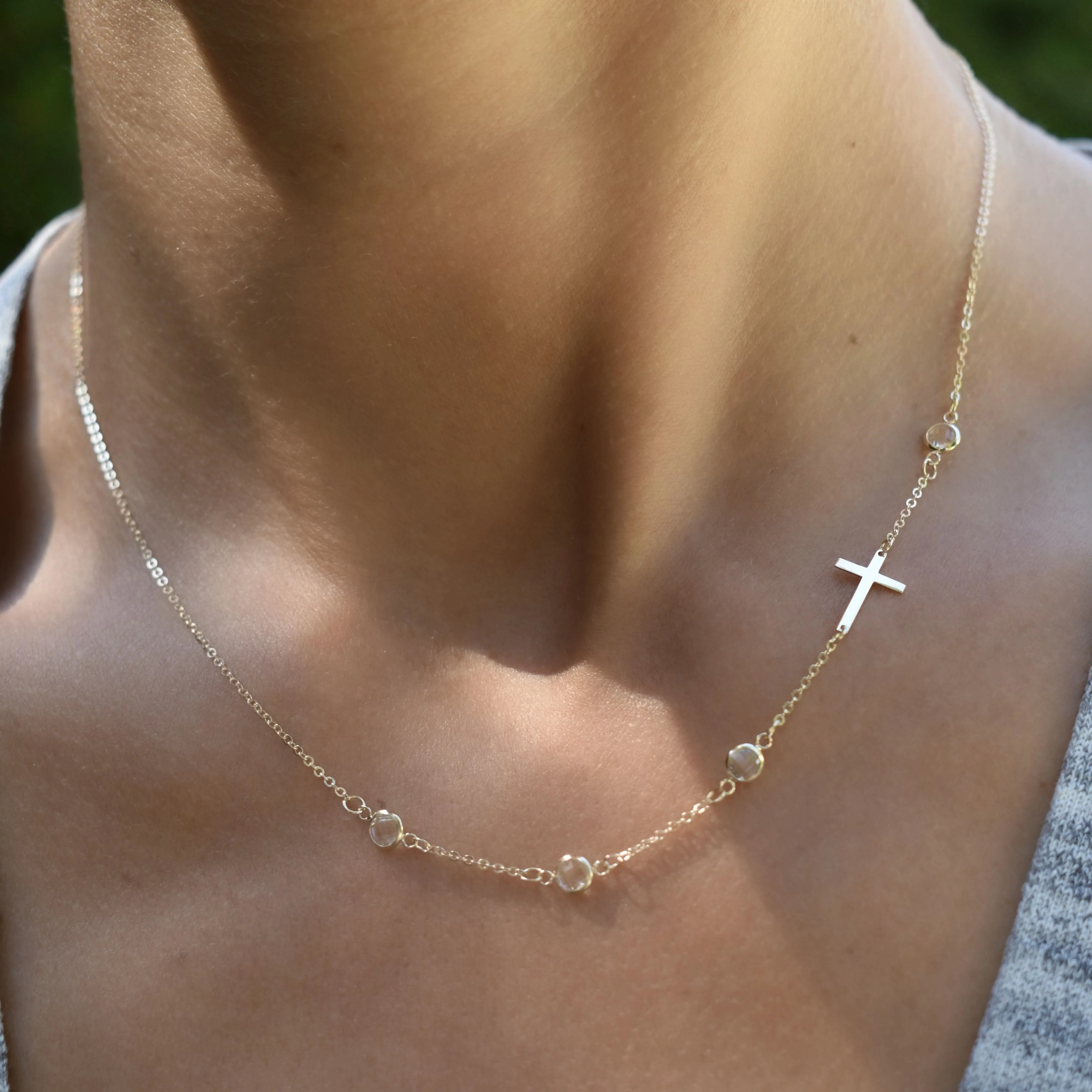 Cross & Petite 4 Birthstone Necklace in 14k Gold - Image 9