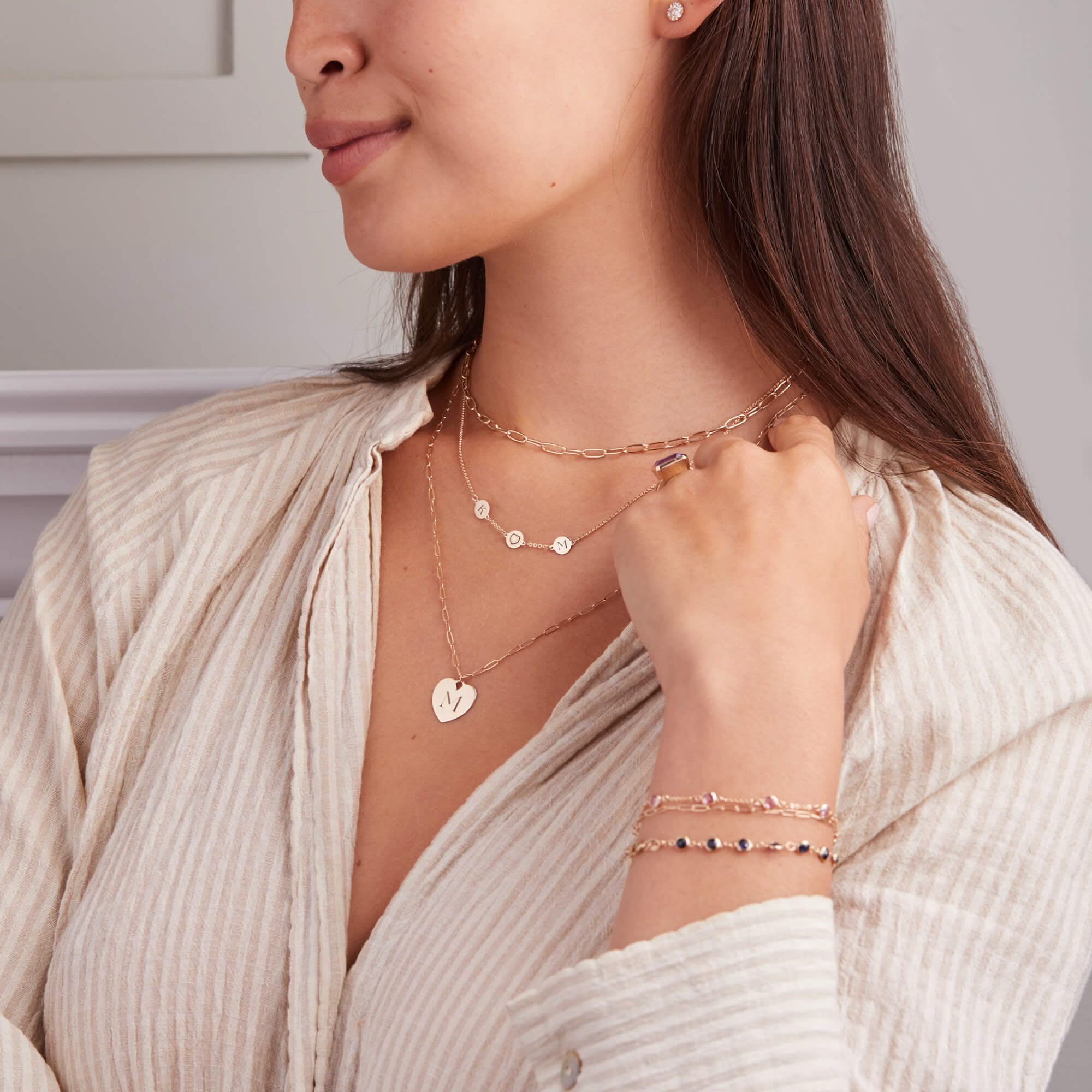 Heart Disc & 2 Letter Necklace in 14k Gold (Single Spacing) - Image 2