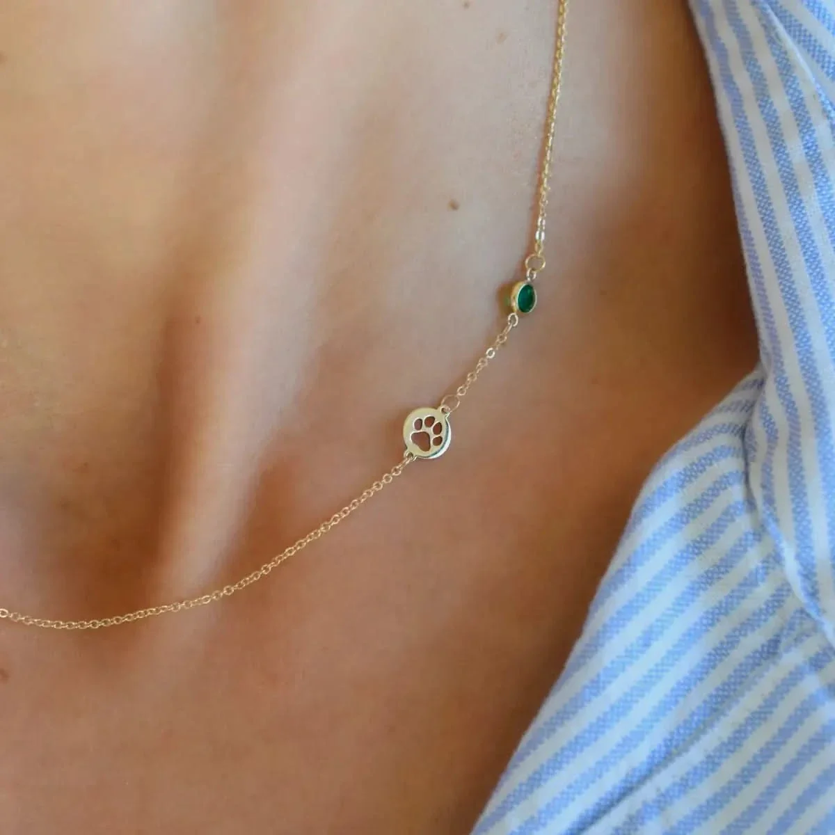 Paw & Petite Birthstone Necklace in 14k Gold (Asymmetrical) - Image 3