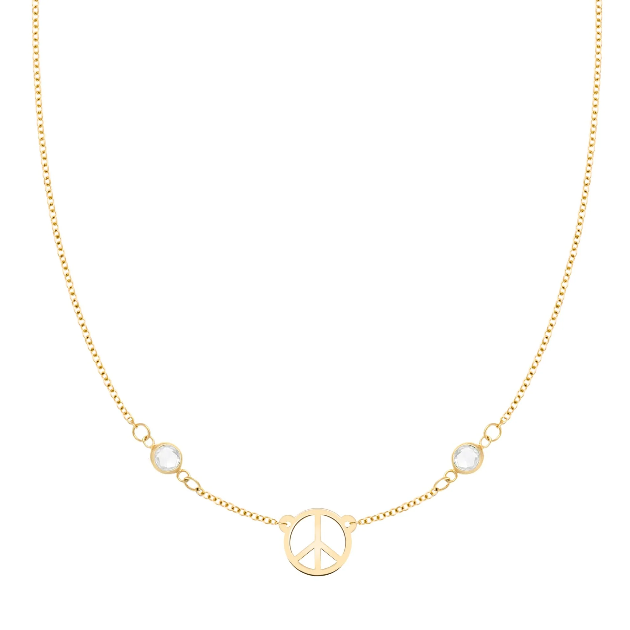 Small Peace Sign & 2 Birthstone Necklace in 14k Gold