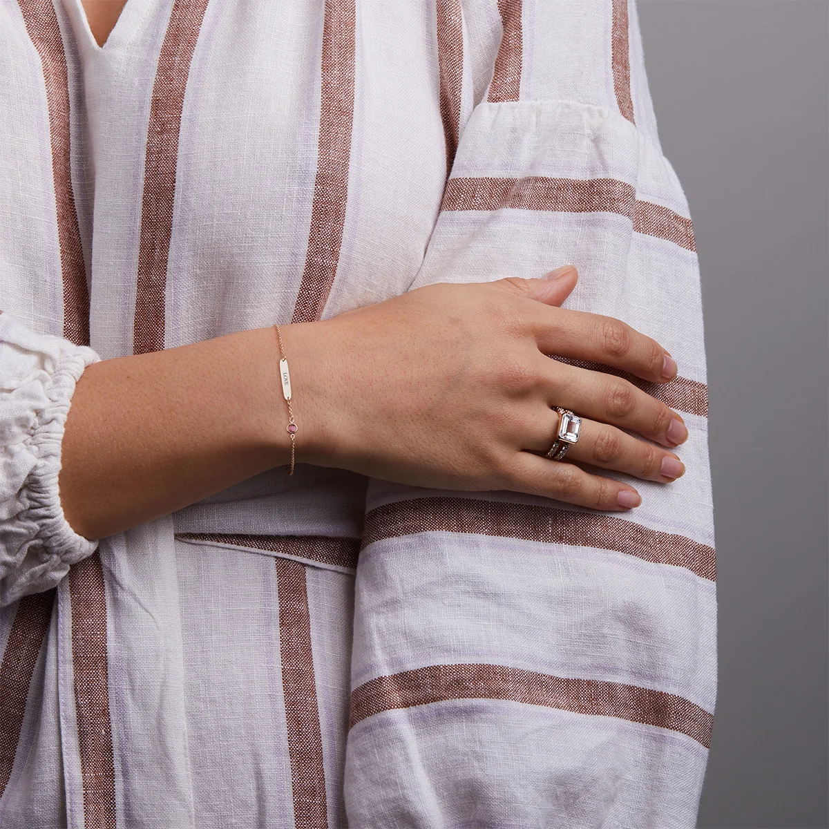 Pink Awareness LOVE & 1 Petite Pink Sapphire Bracelet in 14k Gold - Image 2
