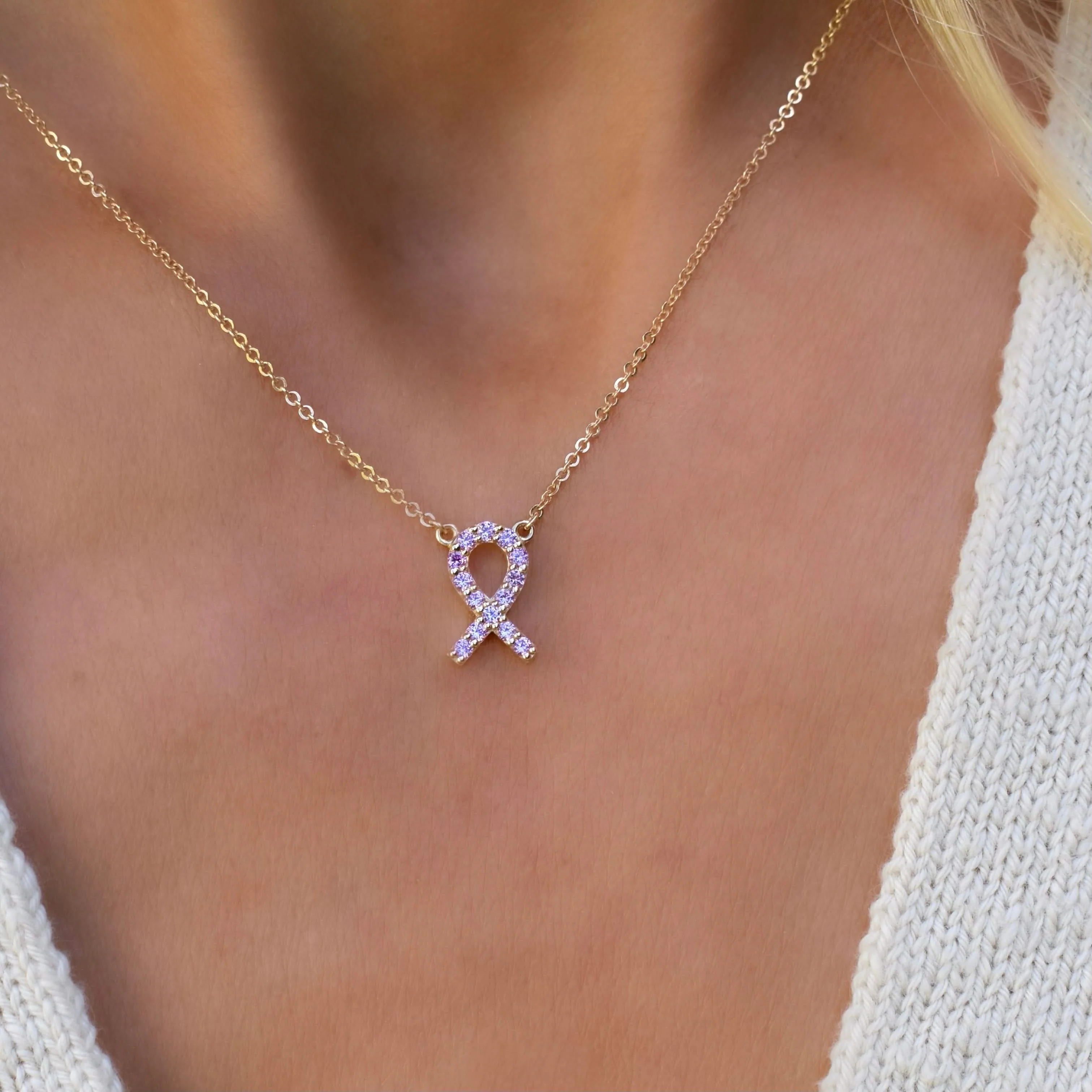 Pink Awareness Pave Ribbon Necklace in 14k Gold - Image 3