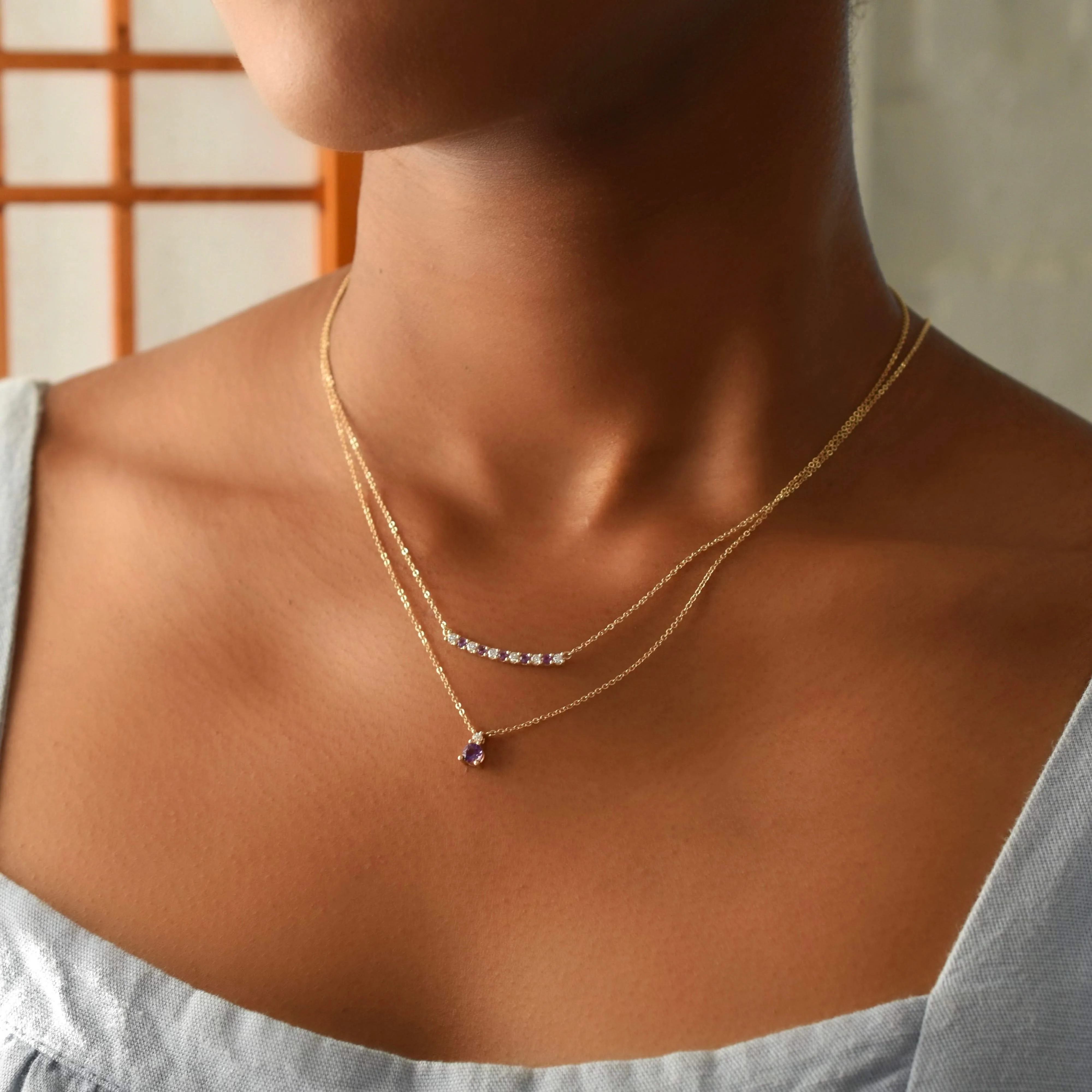 Rosecliff Diamond & Amethyst Bar Necklace in 14k Gold (February) - Image 6