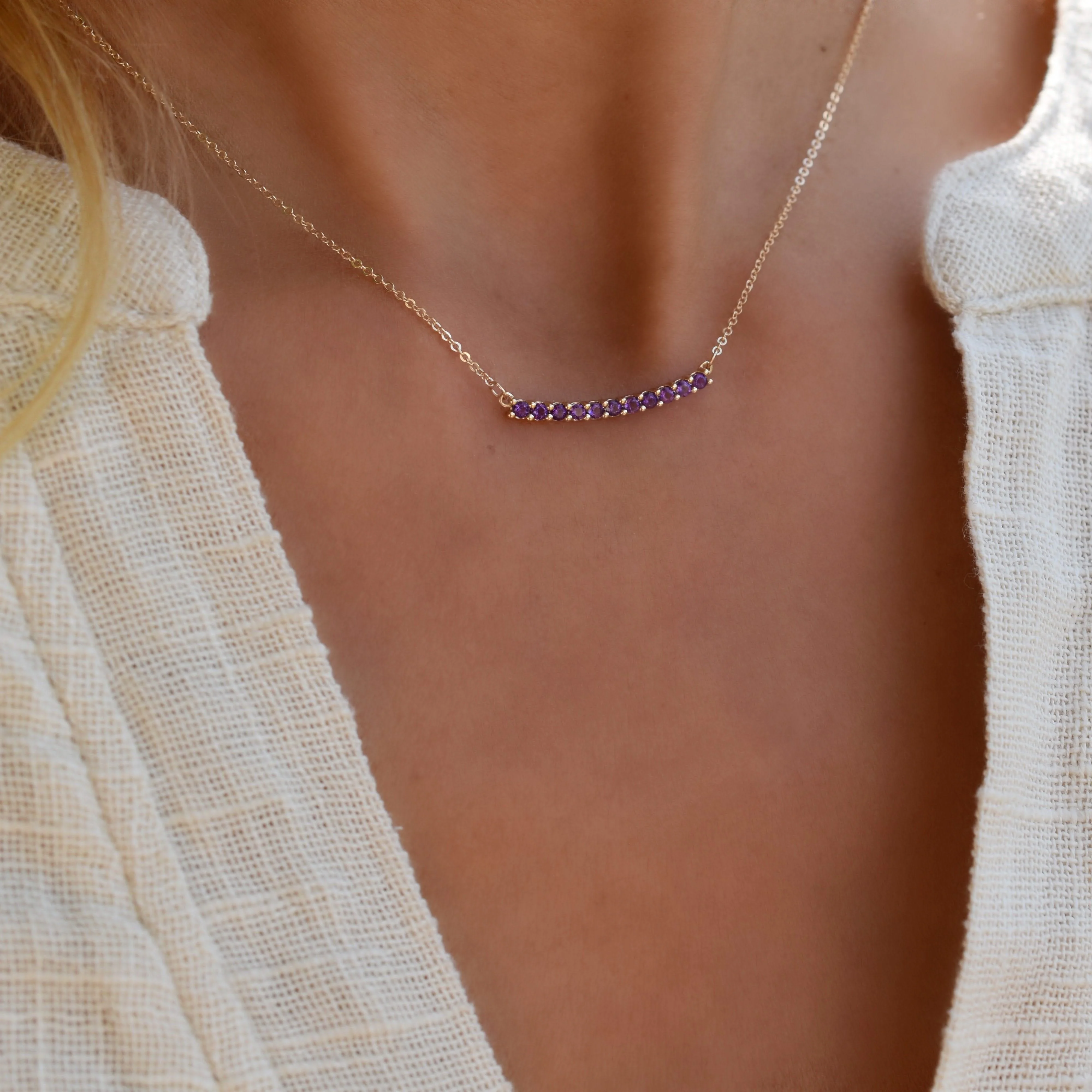 Rosecliff Amethyst Bar Necklace and Huggie Hoop Earrings Set in 14k Gold (February) - Image 10