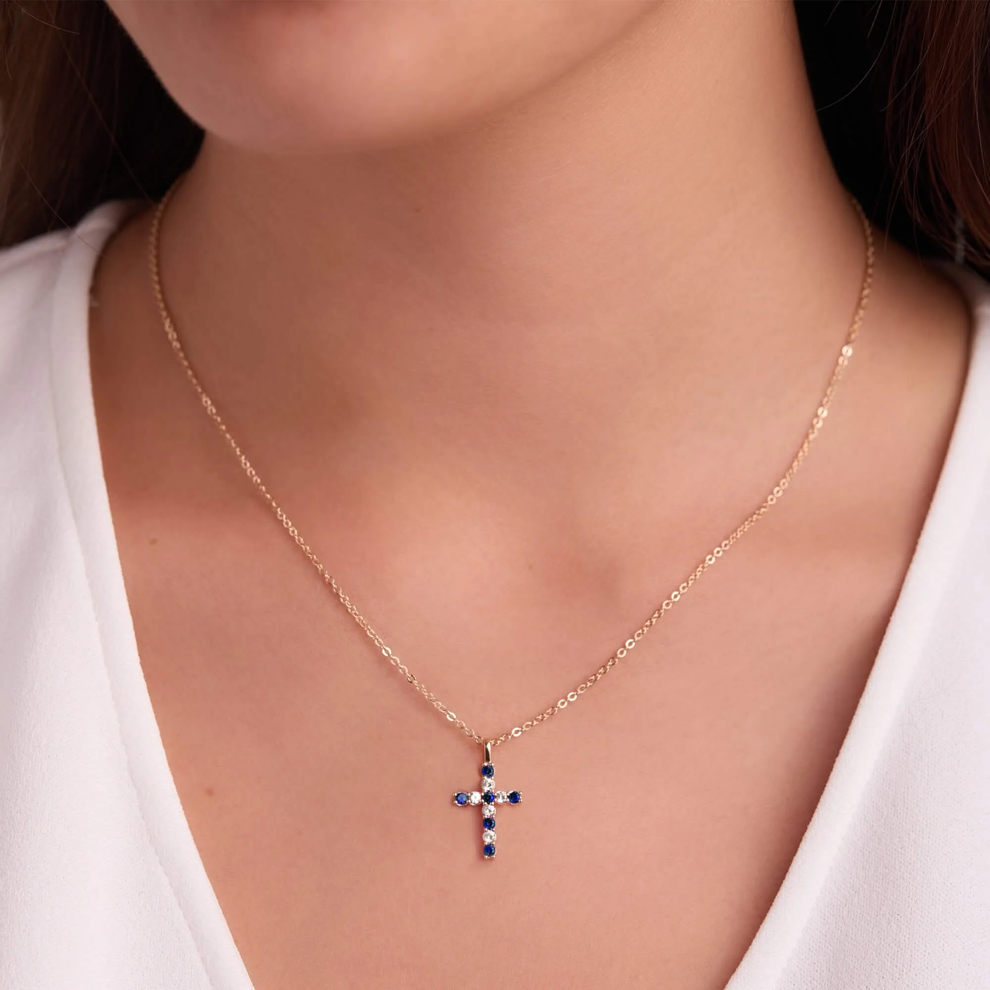 Rosecliff Cross Diamond & Sapphire Pendant in 14k Gold (September) - Image 3