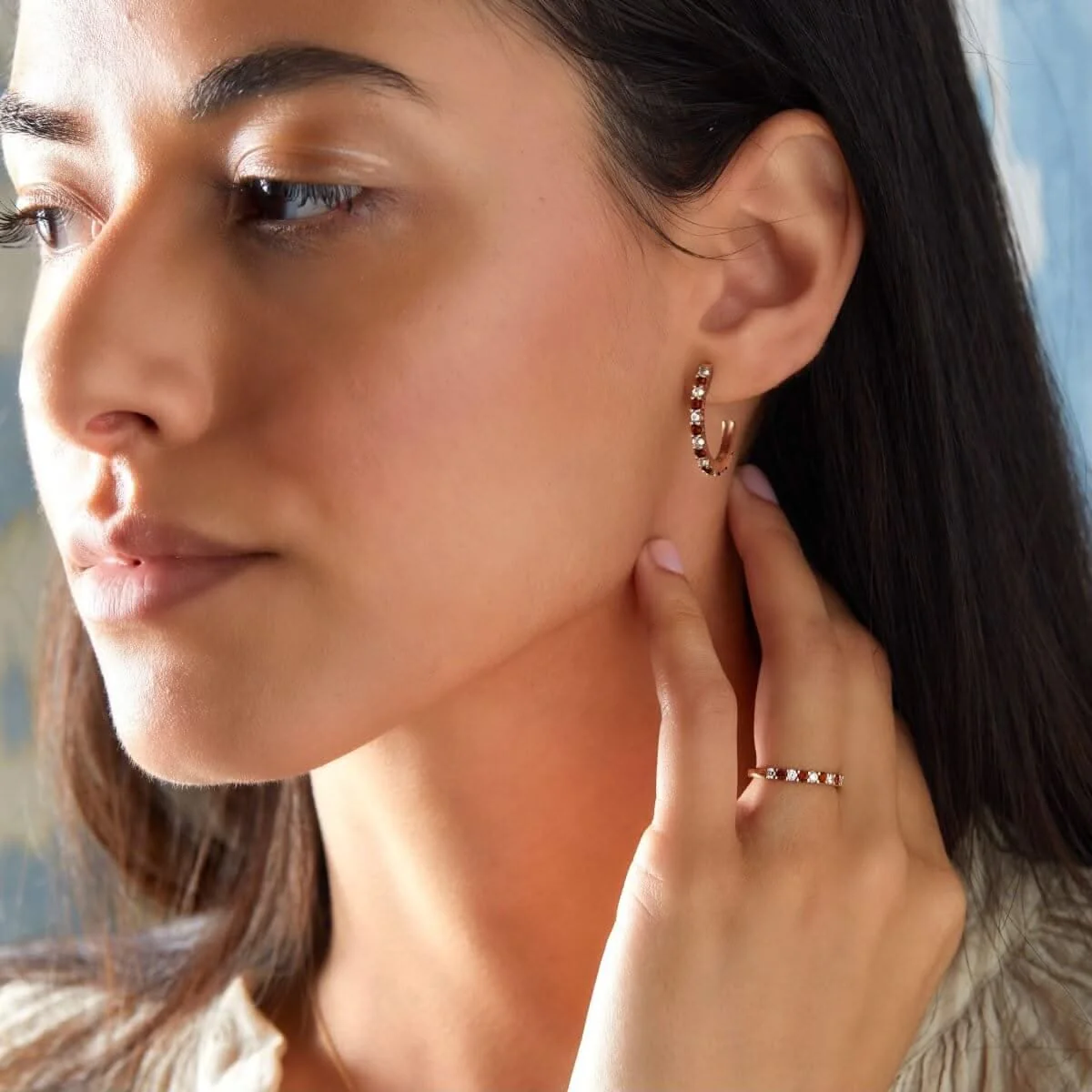 Rosecliff Diamond & Garnet Hoop Earrings in 14k Gold (January) - Image 2