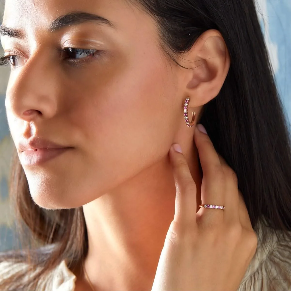 Rosecliff Diamond & Pink Sapphire Hoop Earrings in 14k Gold (October) - Image 2