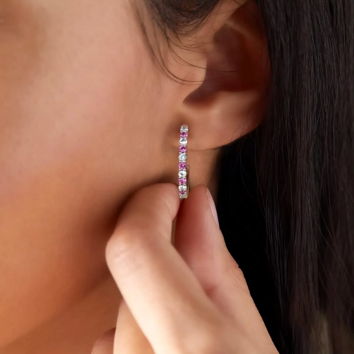 Rosecliff Diamond & Pink Sapphire Hoop Earrings in 14k Gold (October) - Image 3