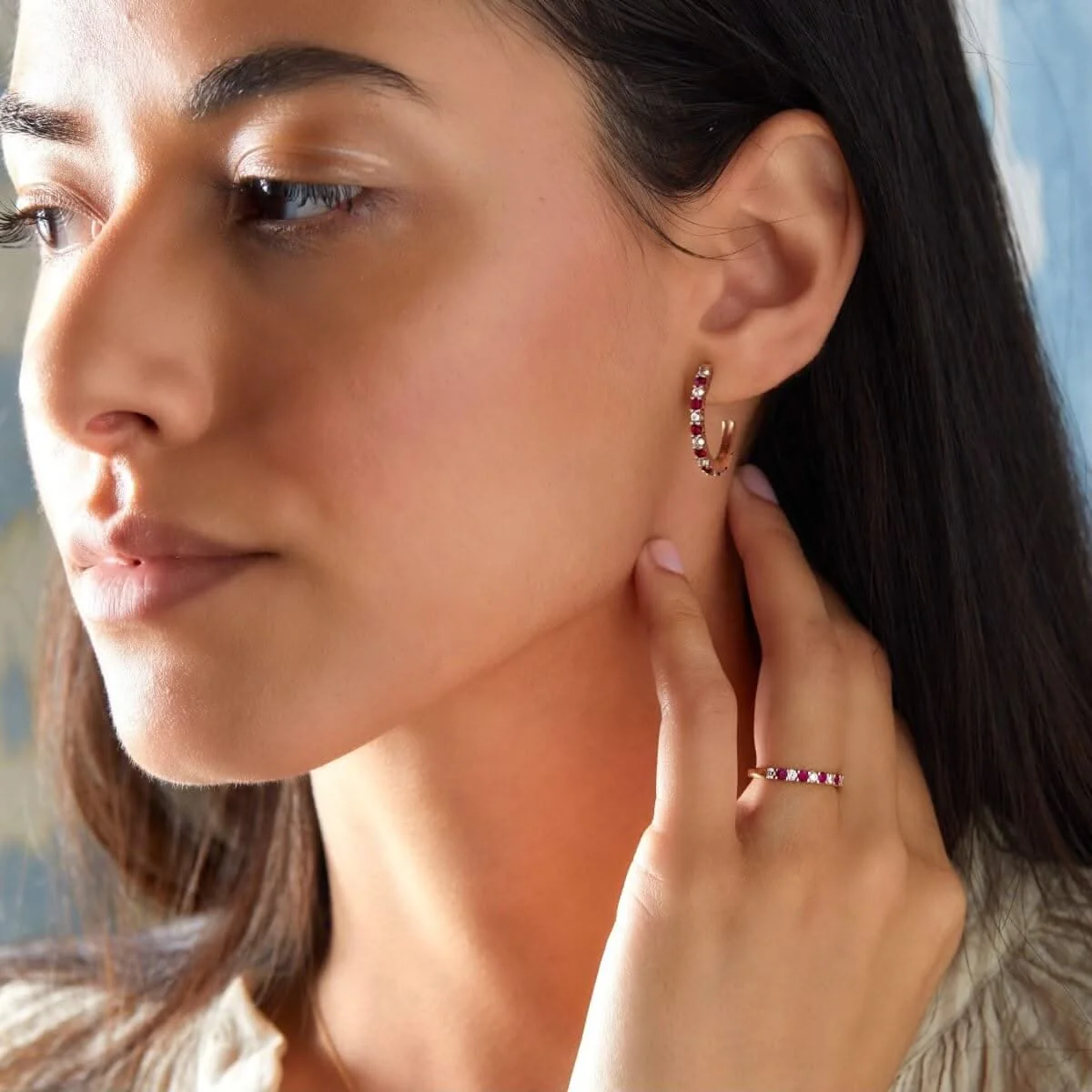 Rosecliff Diamond & Ruby Hoop Earrings in 14k Gold (July) - Image 2