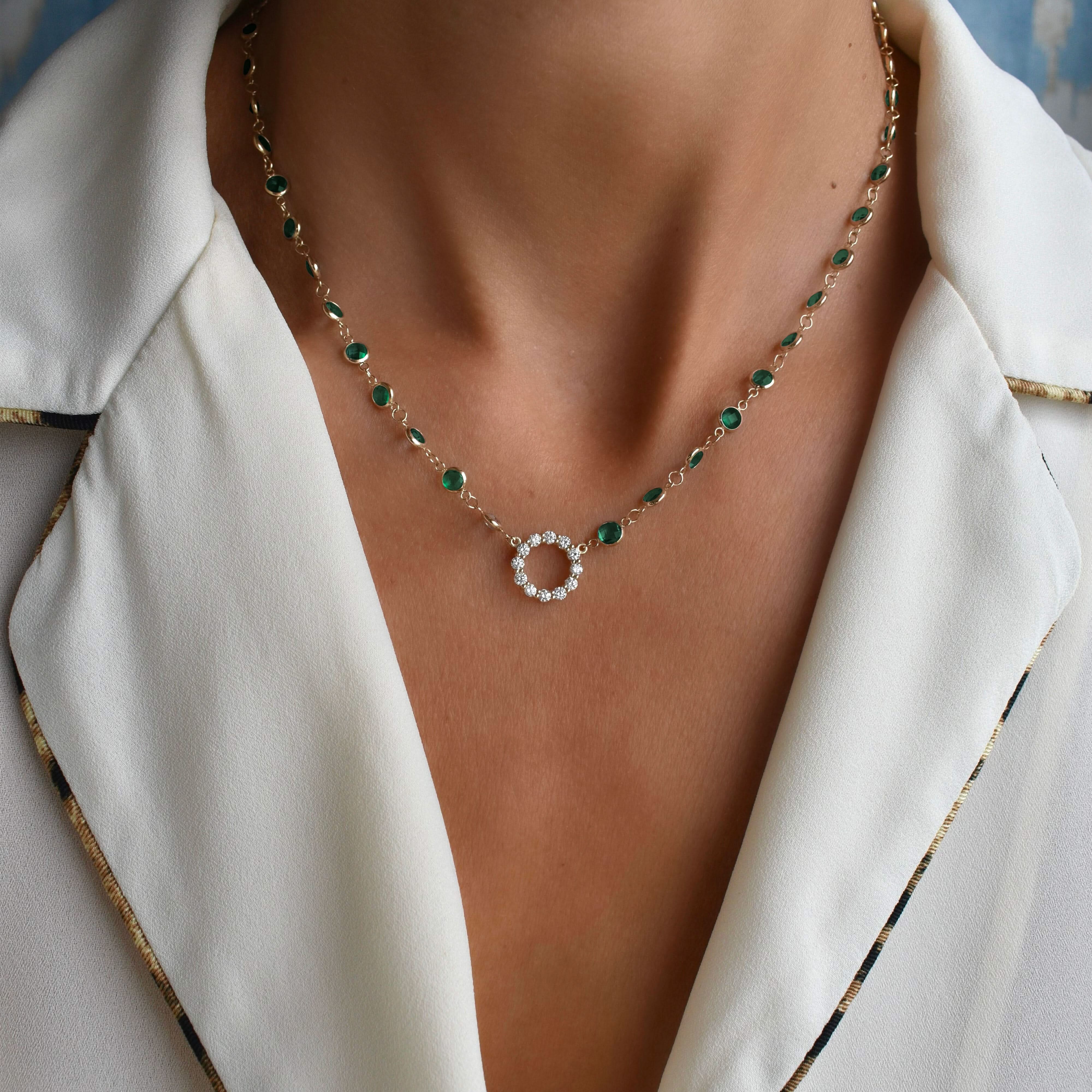 Rosecliff Diamond Small Circle & Newport Emerald Necklace in 14k Gold (May) - Image 6