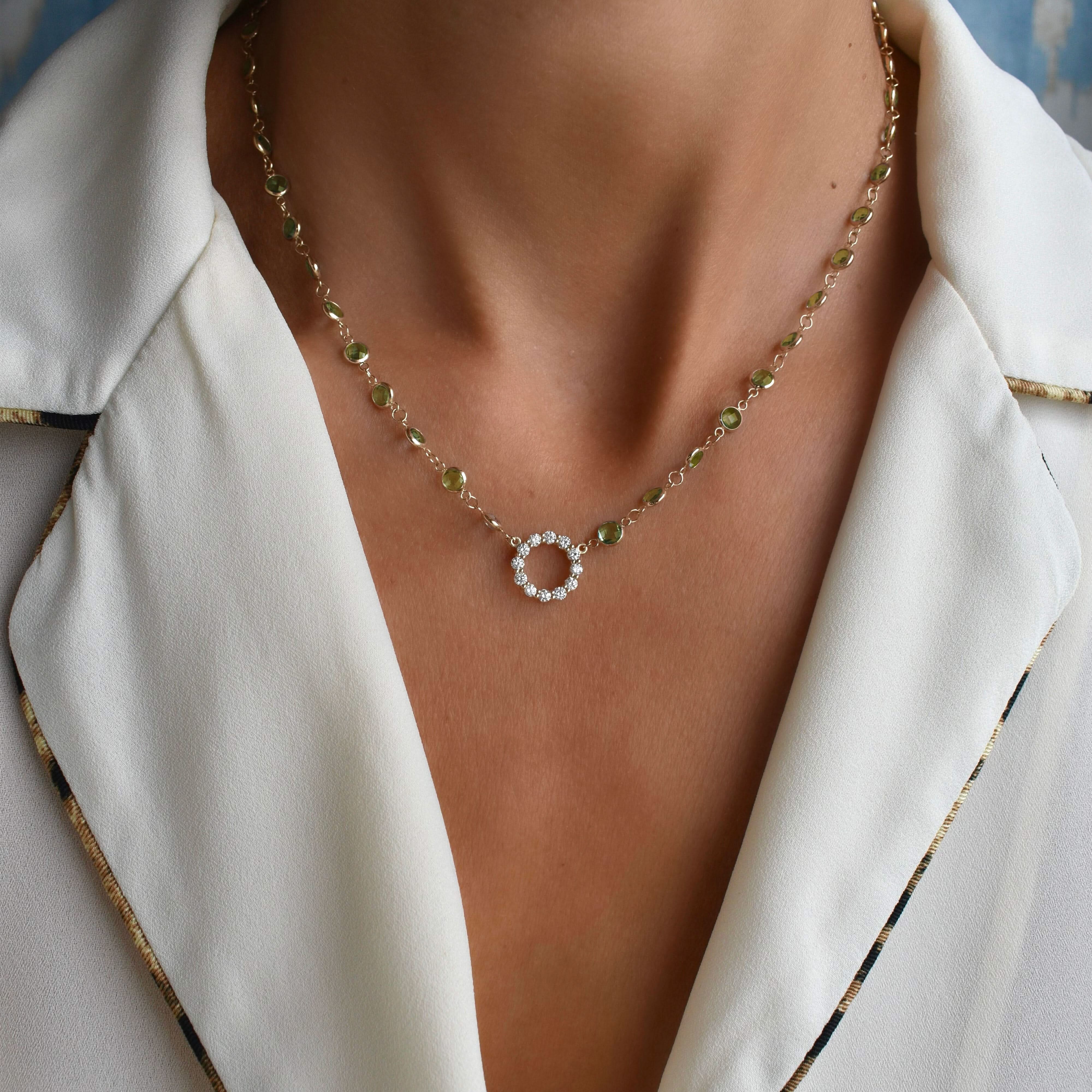 Rosecliff Diamond Small Circle & Newport Peridot Necklace in 14k Gold (August) - Image 6
