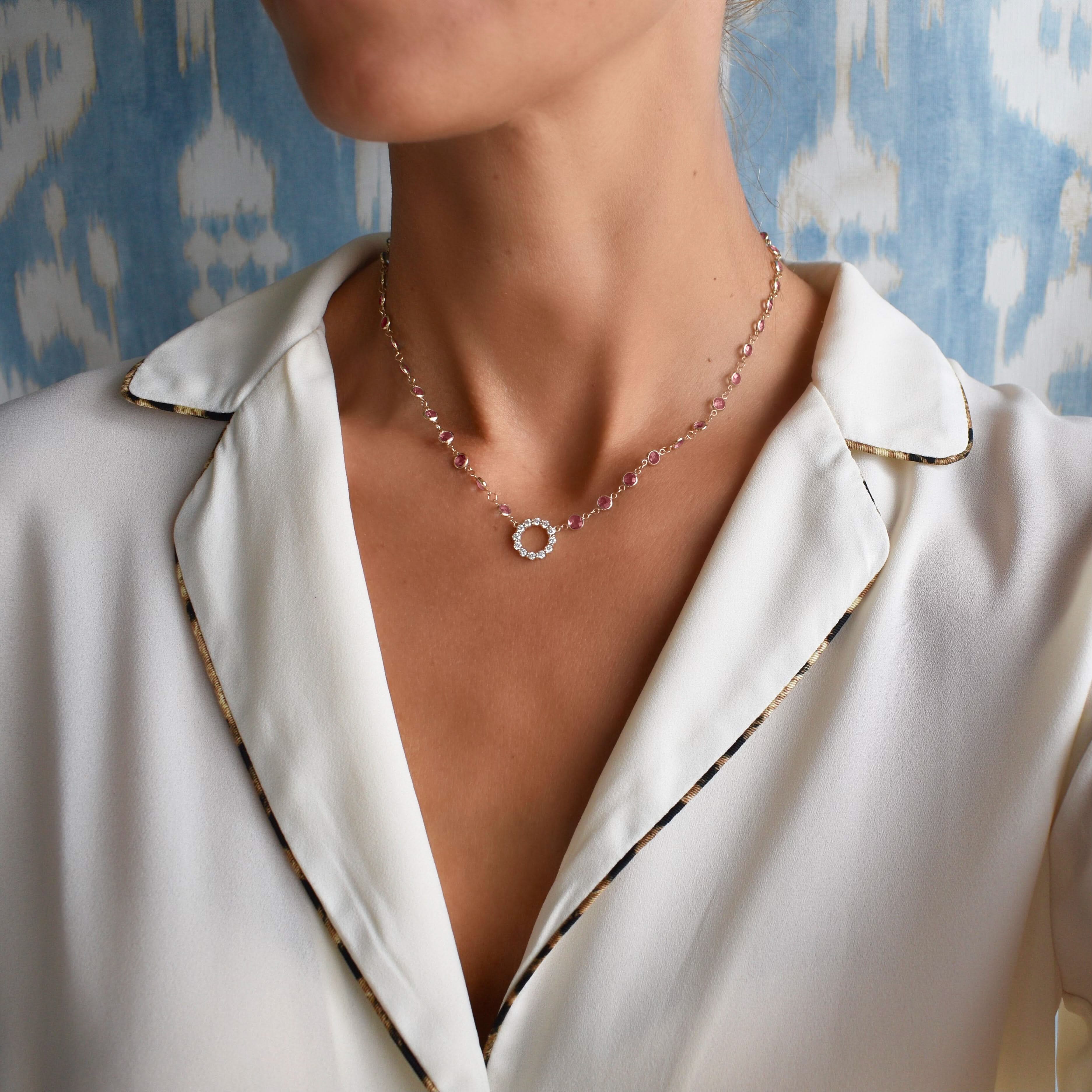 Rosecliff Diamond Small Circle & Newport Pink Sapphire Necklace in 14k Gold (October) - Image 2