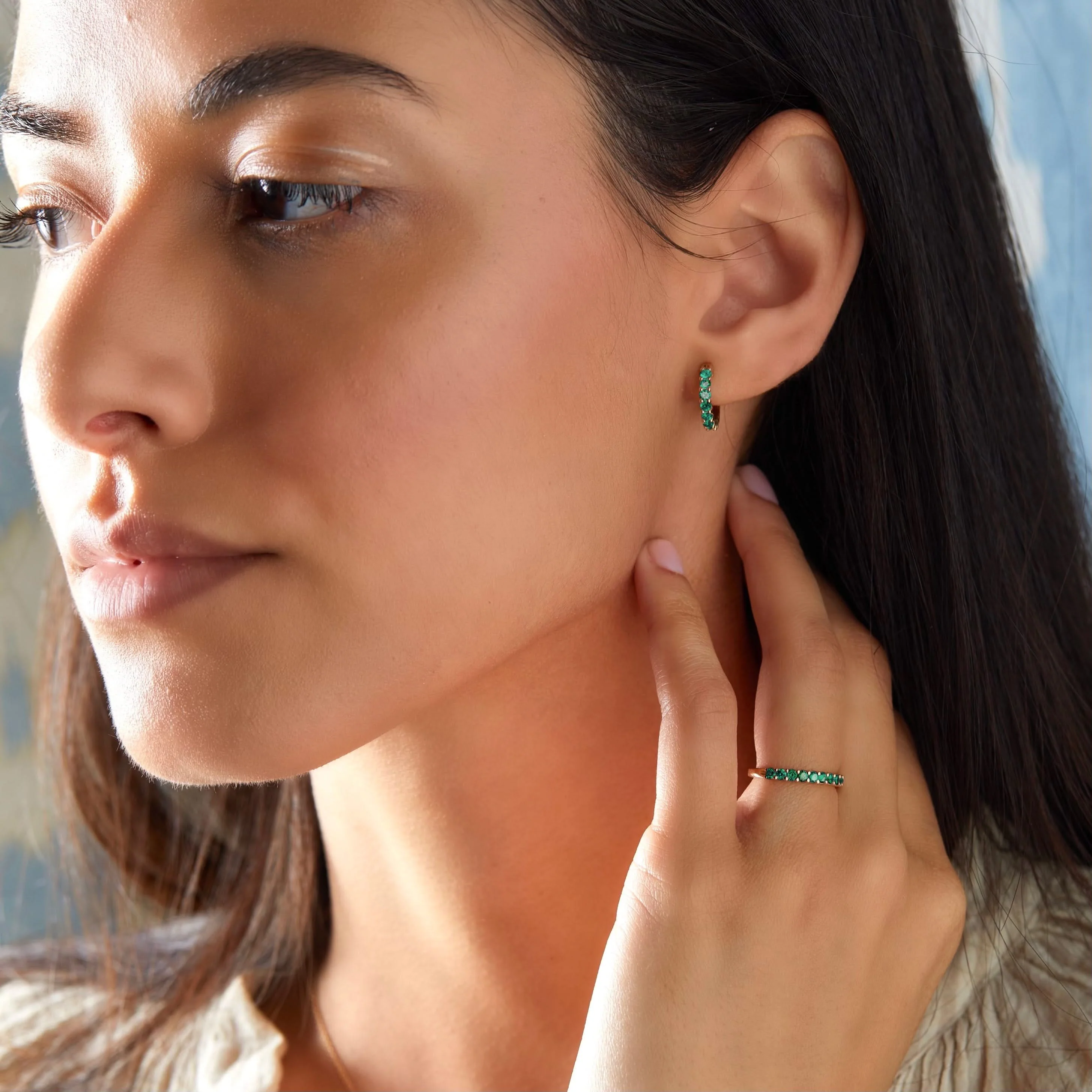 Rosecliff Emerald Huggie Hoop Earrings in 14k Gold (May) - Image 2