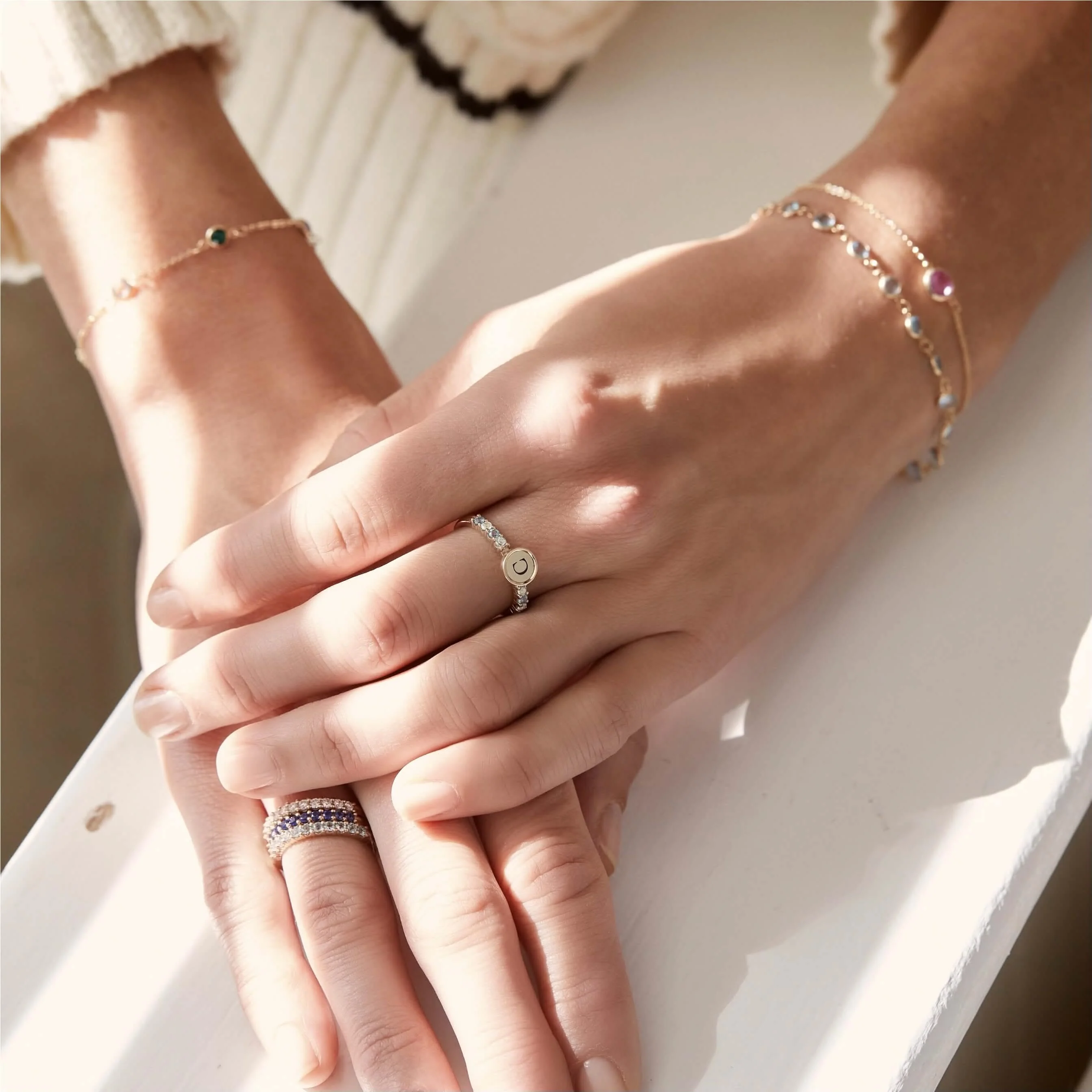 Rosecliff Letter Diamond & Aquamarine Ring in 14k Gold (March) - Image 3