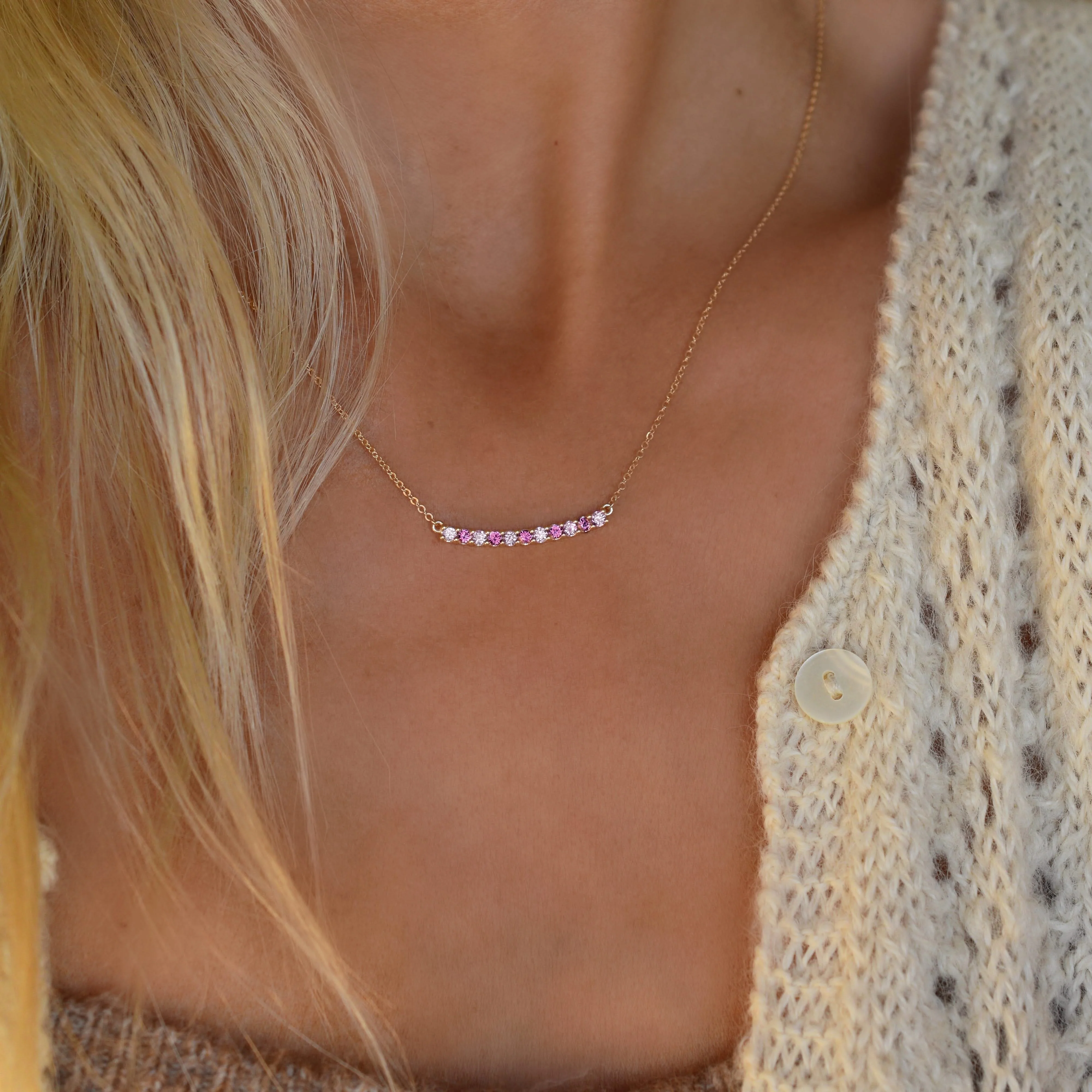 Rosecliff Diamond & Pink Sapphire Bar Necklace in 14k Gold (October) - Image 10