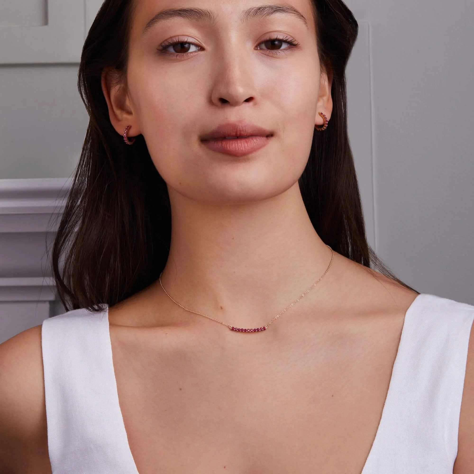 Rosecliff Ruby Bar Necklace and Huggie Hoop Earrings Set in 14k Gold (July) - Image 2