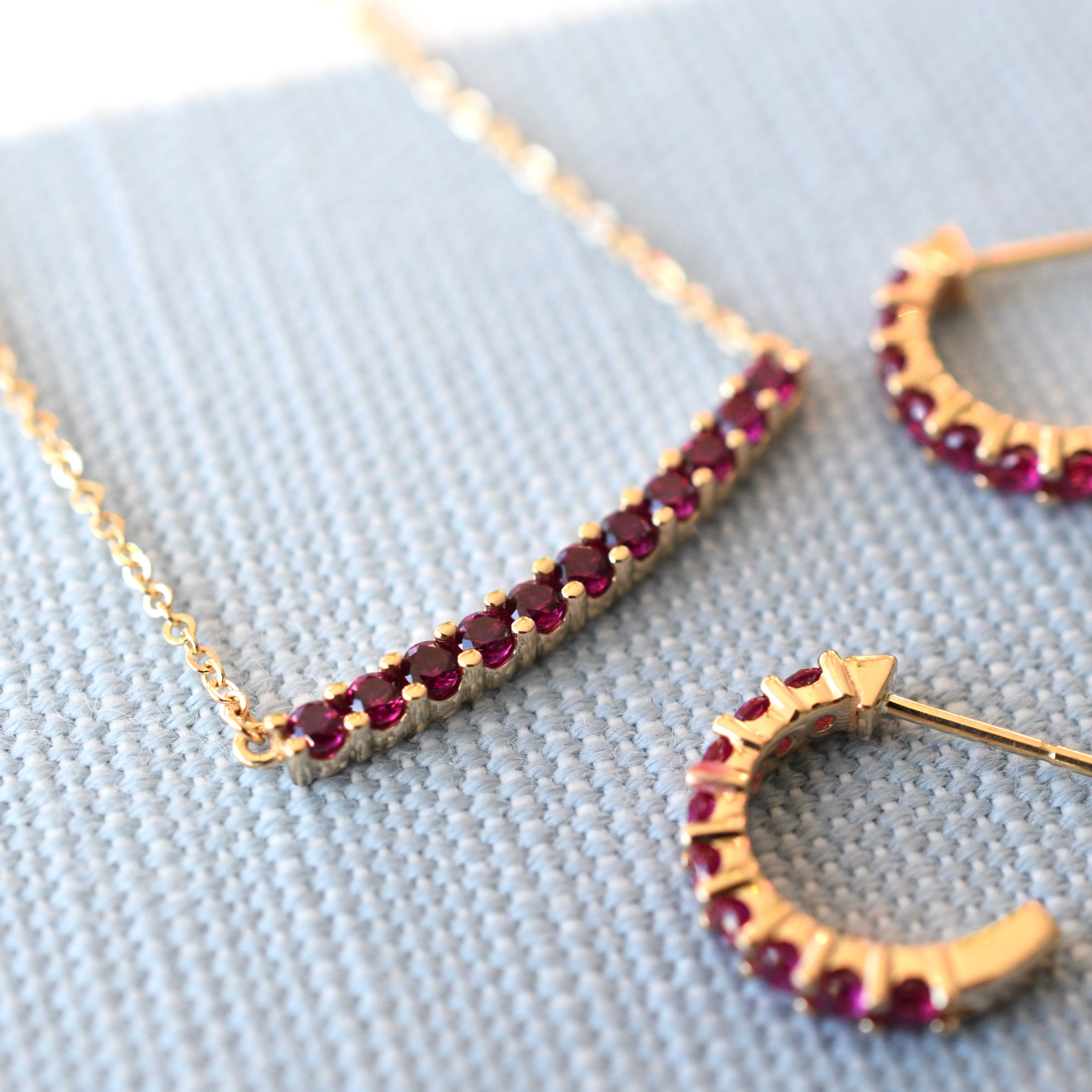 Rosecliff Ruby Bar Necklace and Huggie Hoop Earrings Set in 14k Gold (July) - Image 9