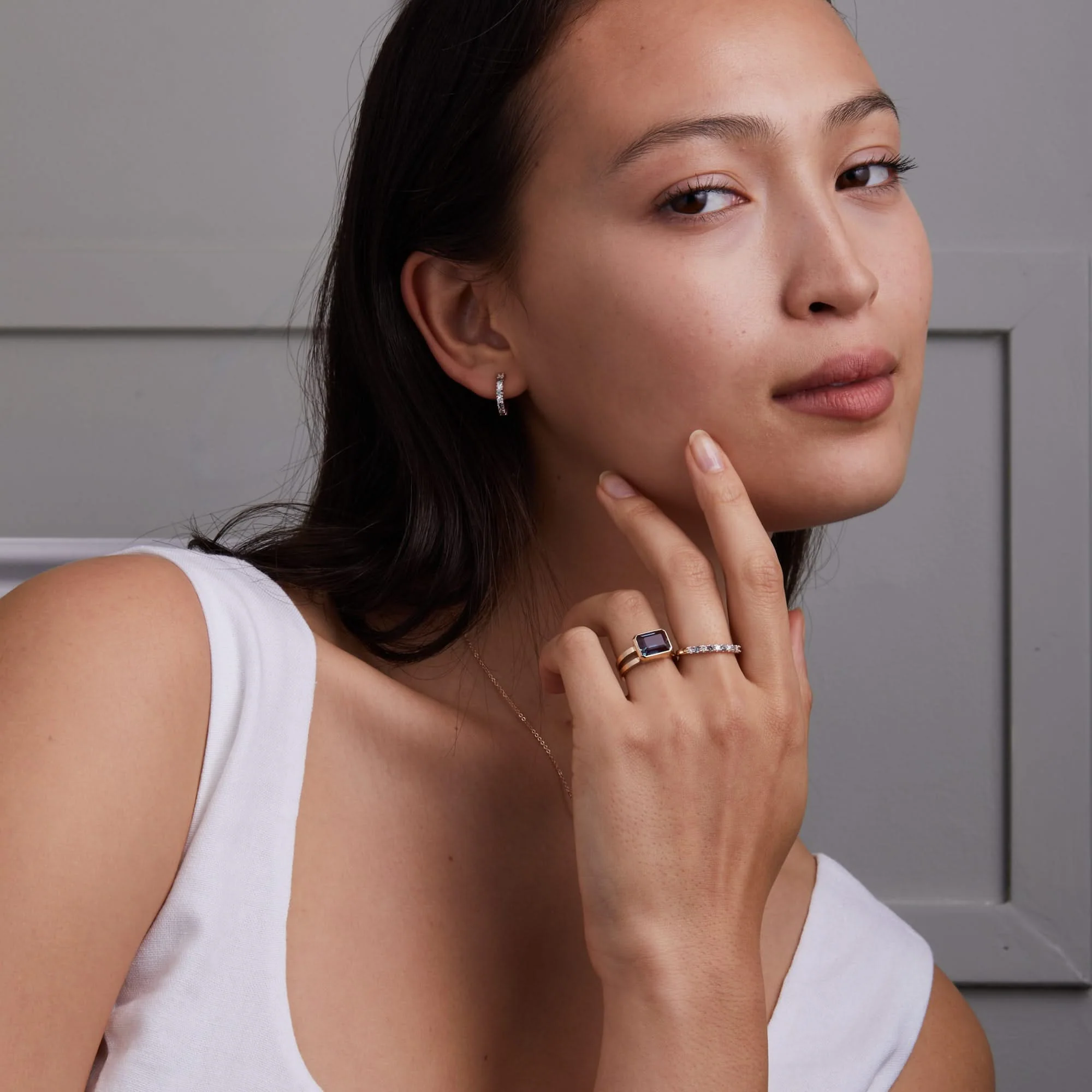Rosecliff Diamond & Alexandrite Huggie Hoop Earrings in 14k Gold (June) - Image 2