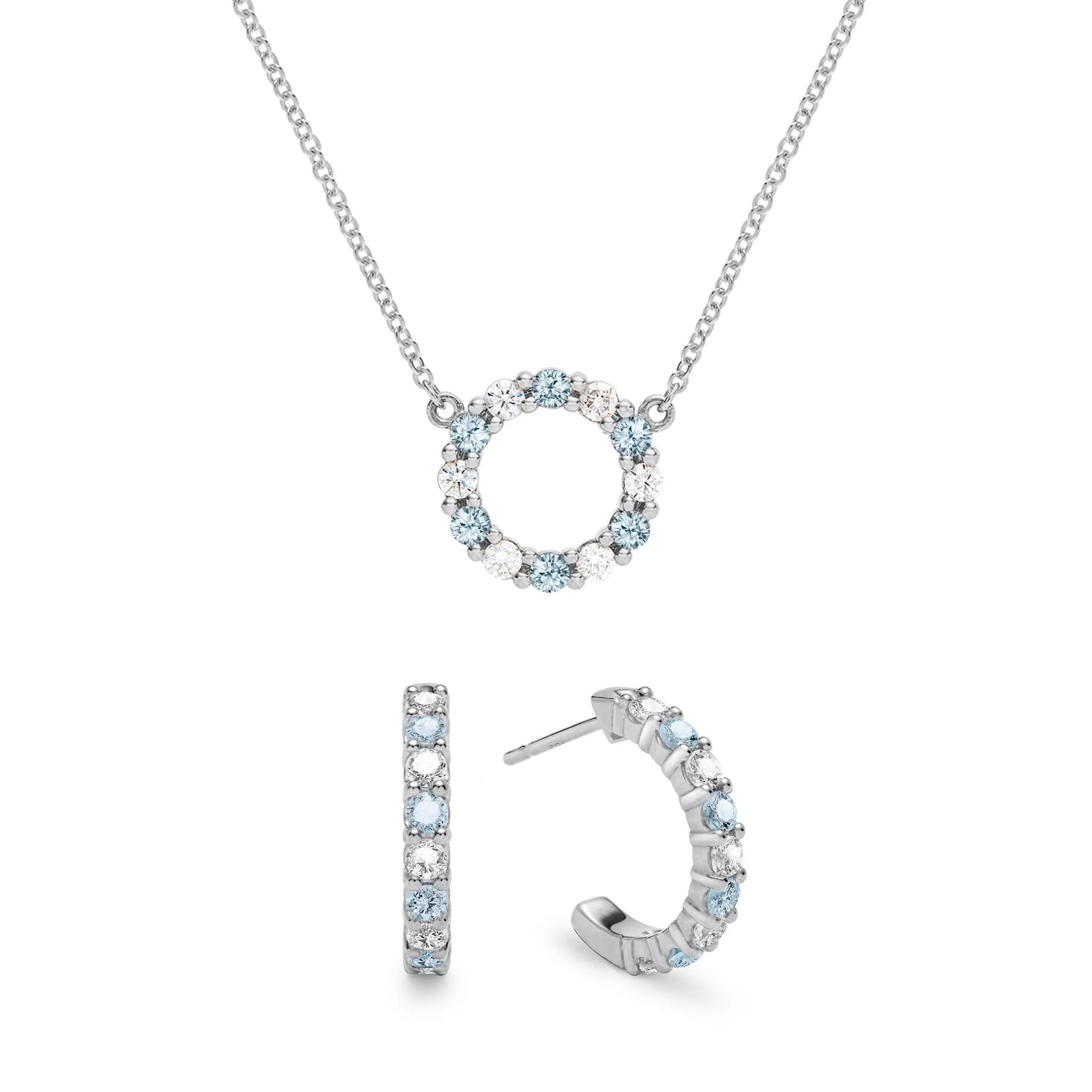 Rosecliff Small Circle Diamond & Nantucket Blue Topaz Necklace and Huggie Hoop Earrings Set in 14k Gold (December) - Image 8