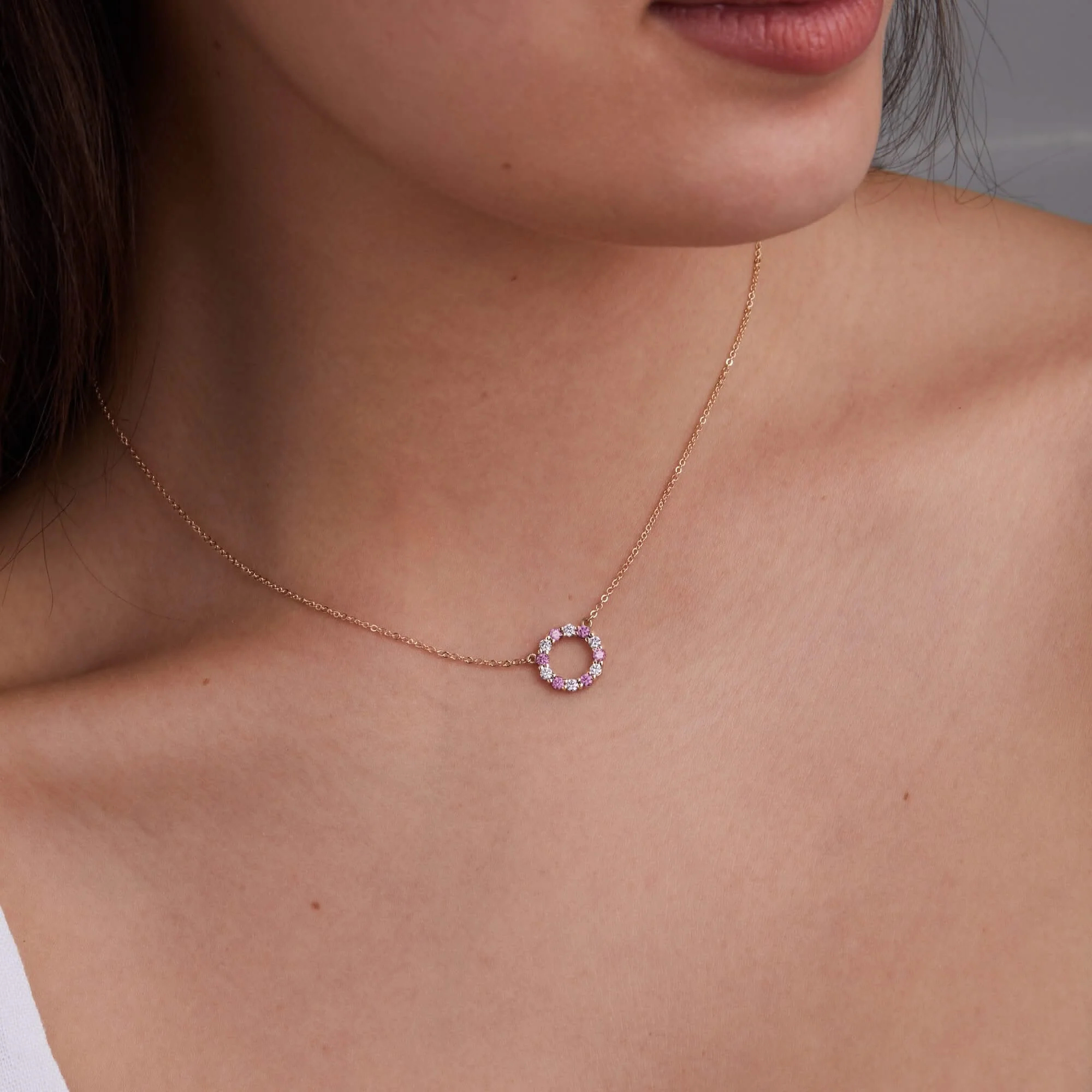 Rosecliff Small Circle Diamond & Pink Sapphire Necklace and Huggie Hoop Earrings Set in 14k Gold (October) - Image 3