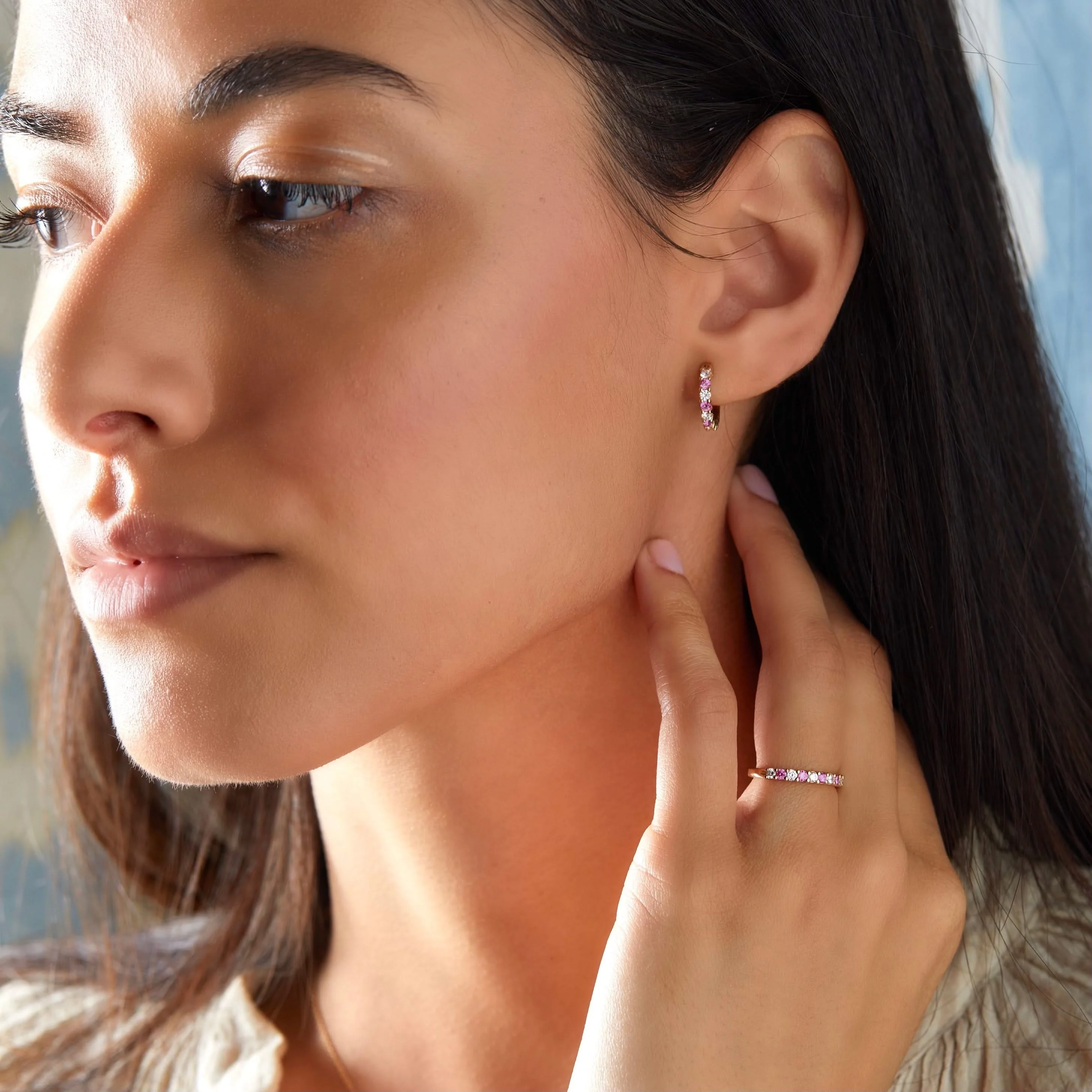 Rosecliff Small Circle Diamond & Pink Sapphire Necklace and Huggie Hoop Earrings Set in 14k Gold (October) - Image 6