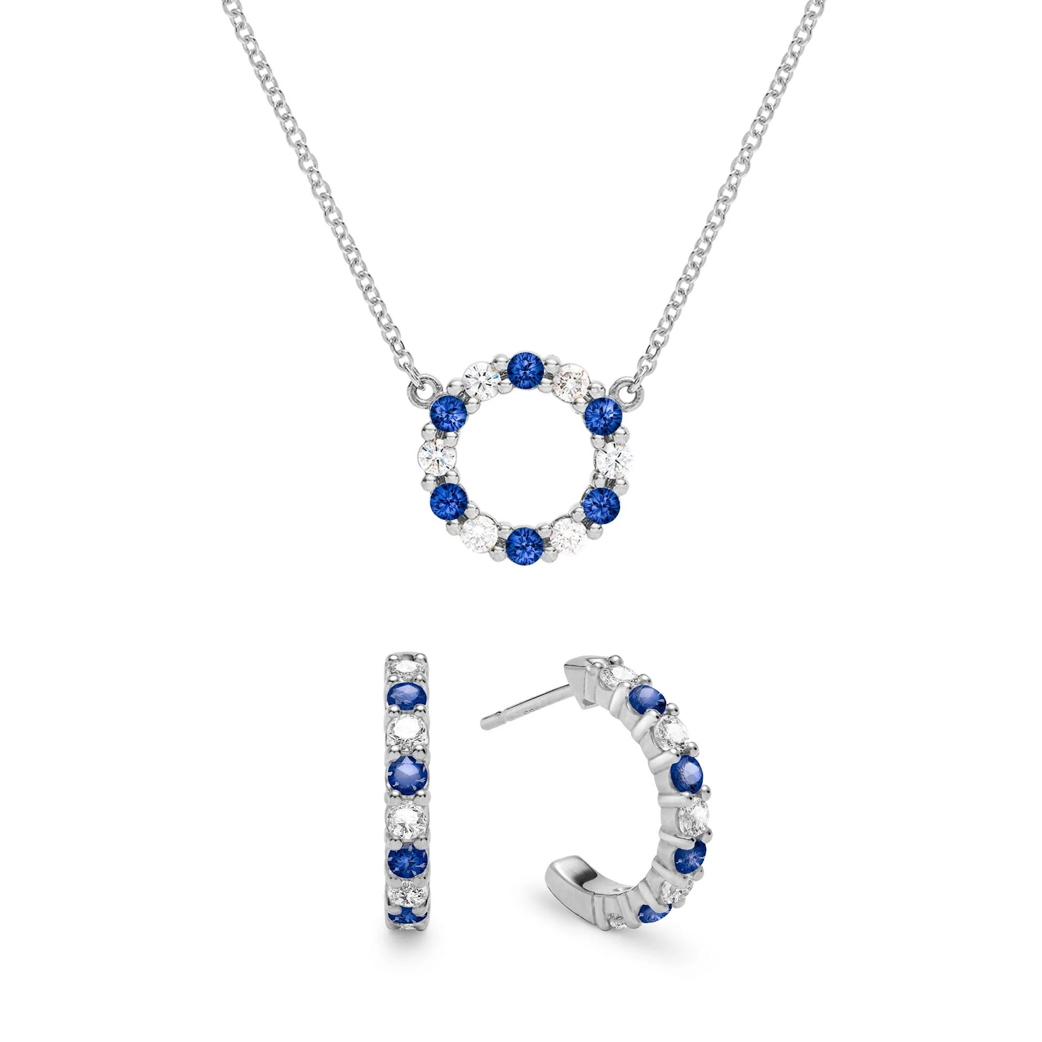 Rosecliff Small Circle Diamond & Sapphire Necklace and Huggie Hoop Earrings Set in 14k Gold (September) - Image 8