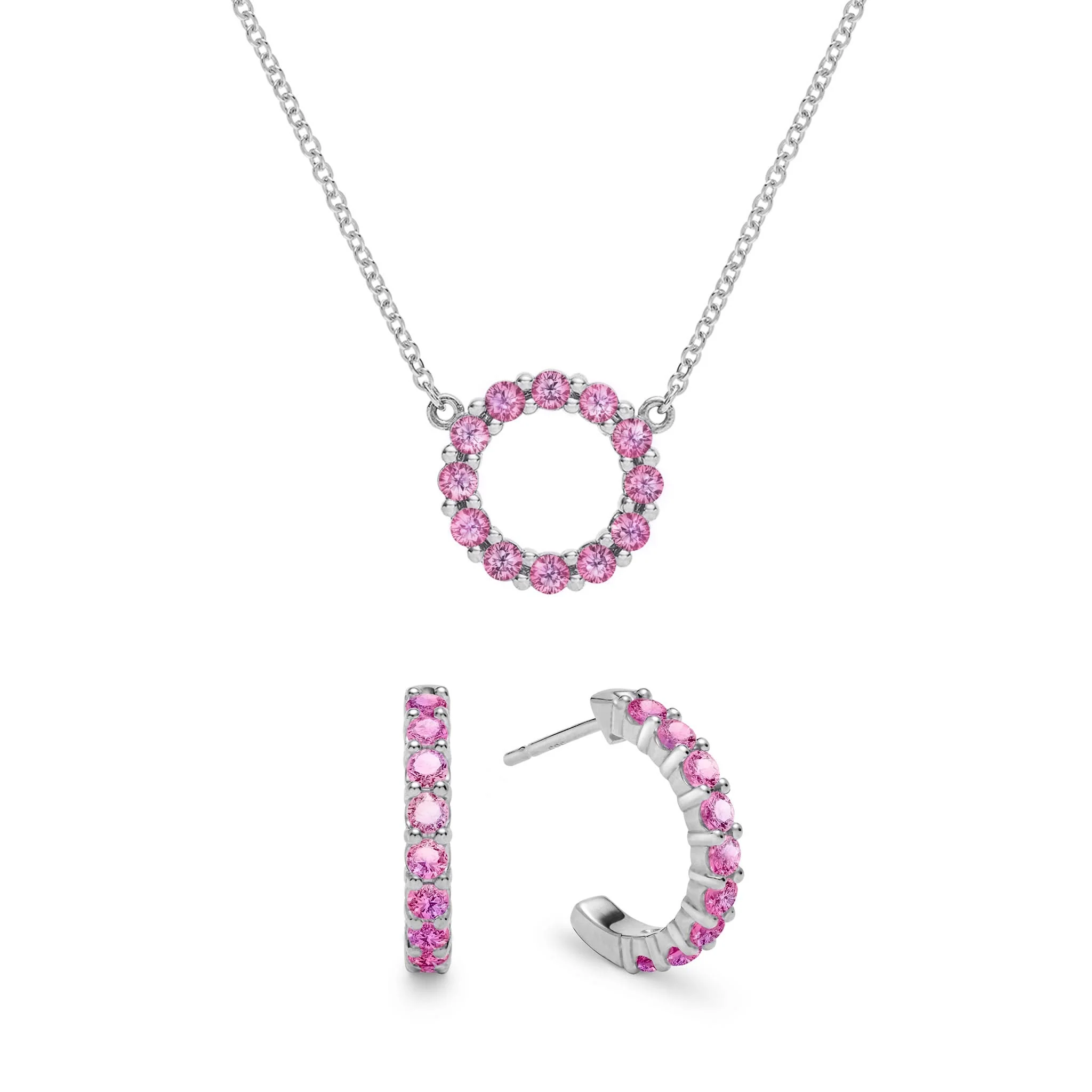 Rosecliff Small Circle Pink Sapphire Necklace and Huggie Hoop Earrings Set in 14k Gold (October) - Image 7