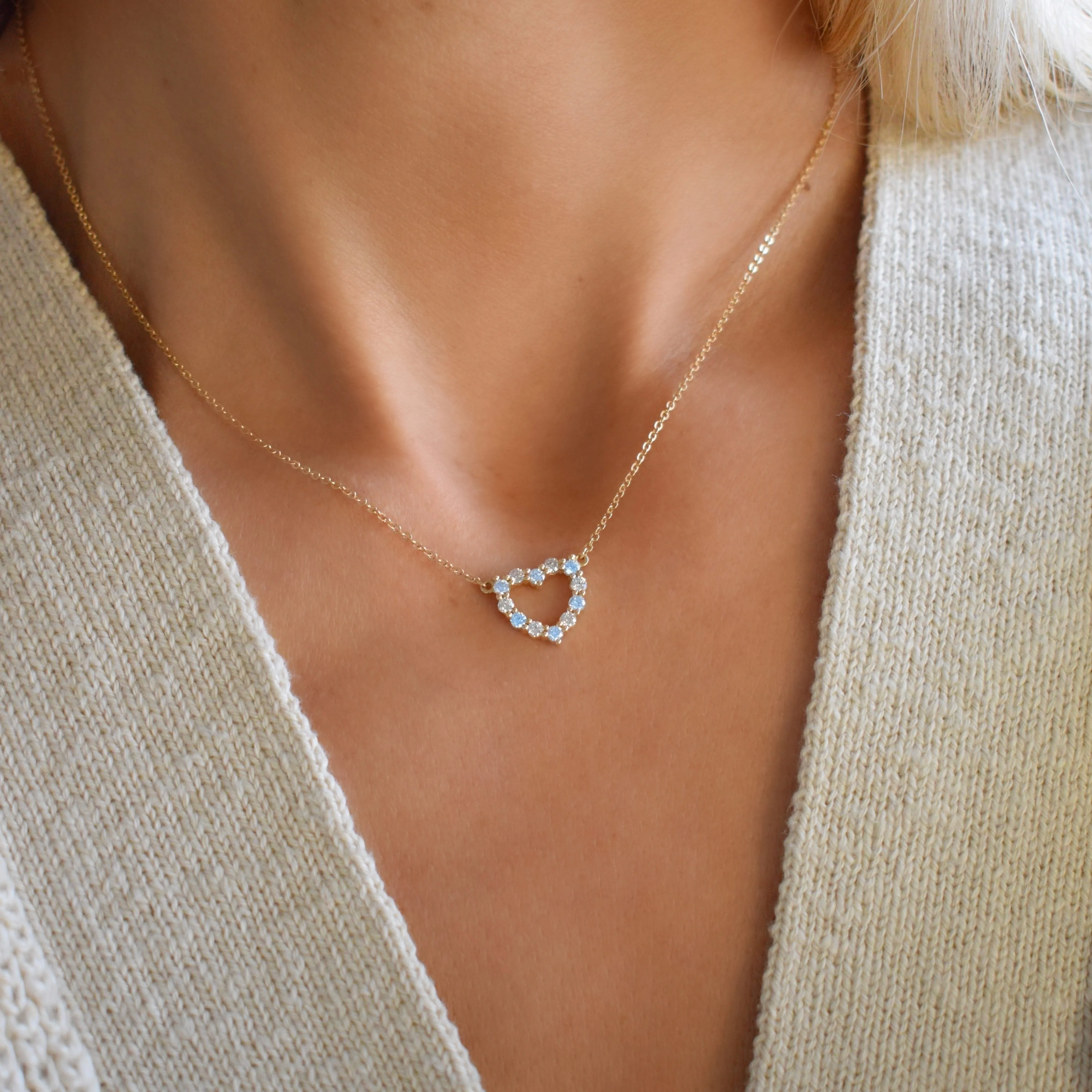 Rosecliff Small Heart Diamond & Aquamarine Necklace in 14k Gold (March) - Image 3