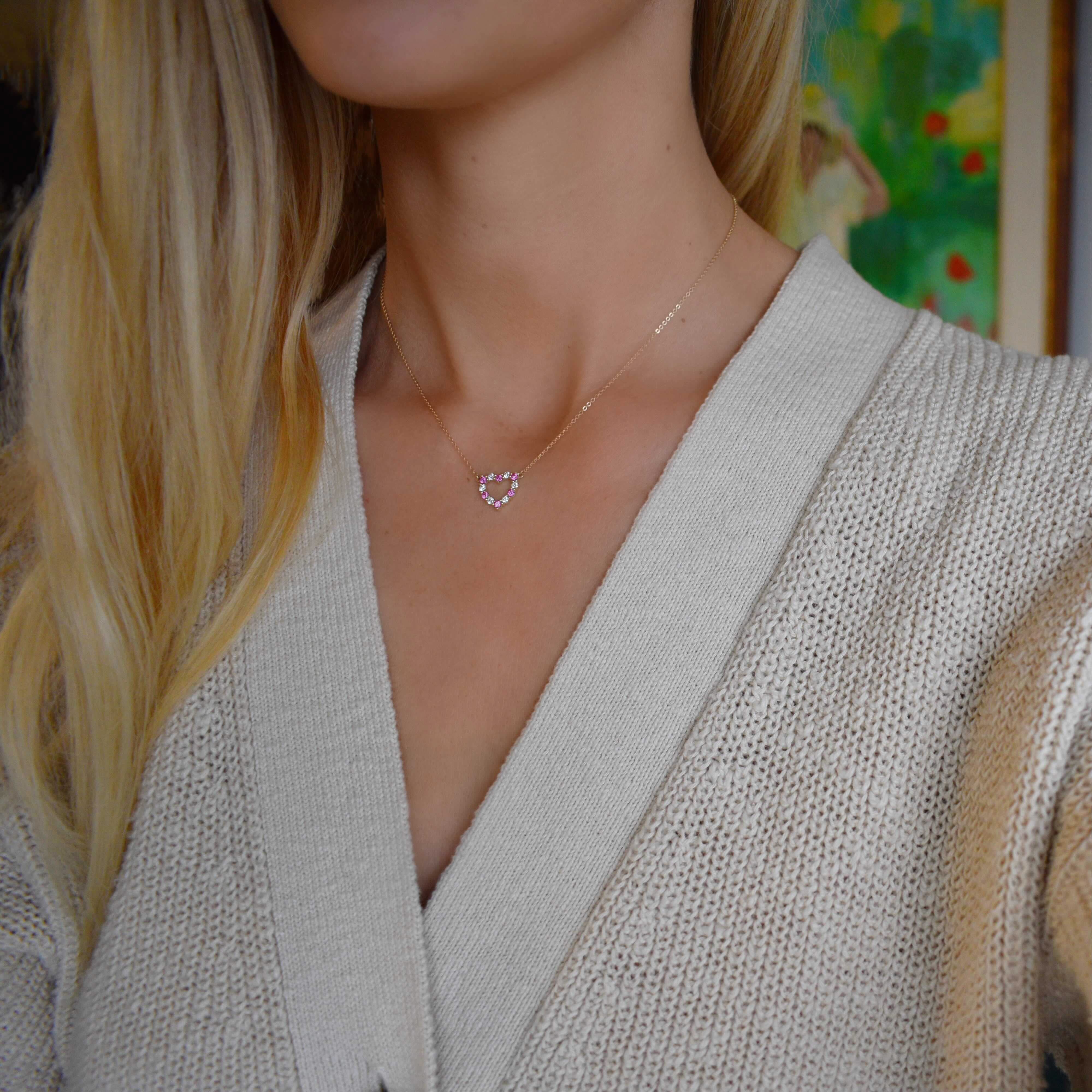 Rosecliff Small Heart Diamond & Pink Sapphire Necklace in 14k Gold (October) - Image 2