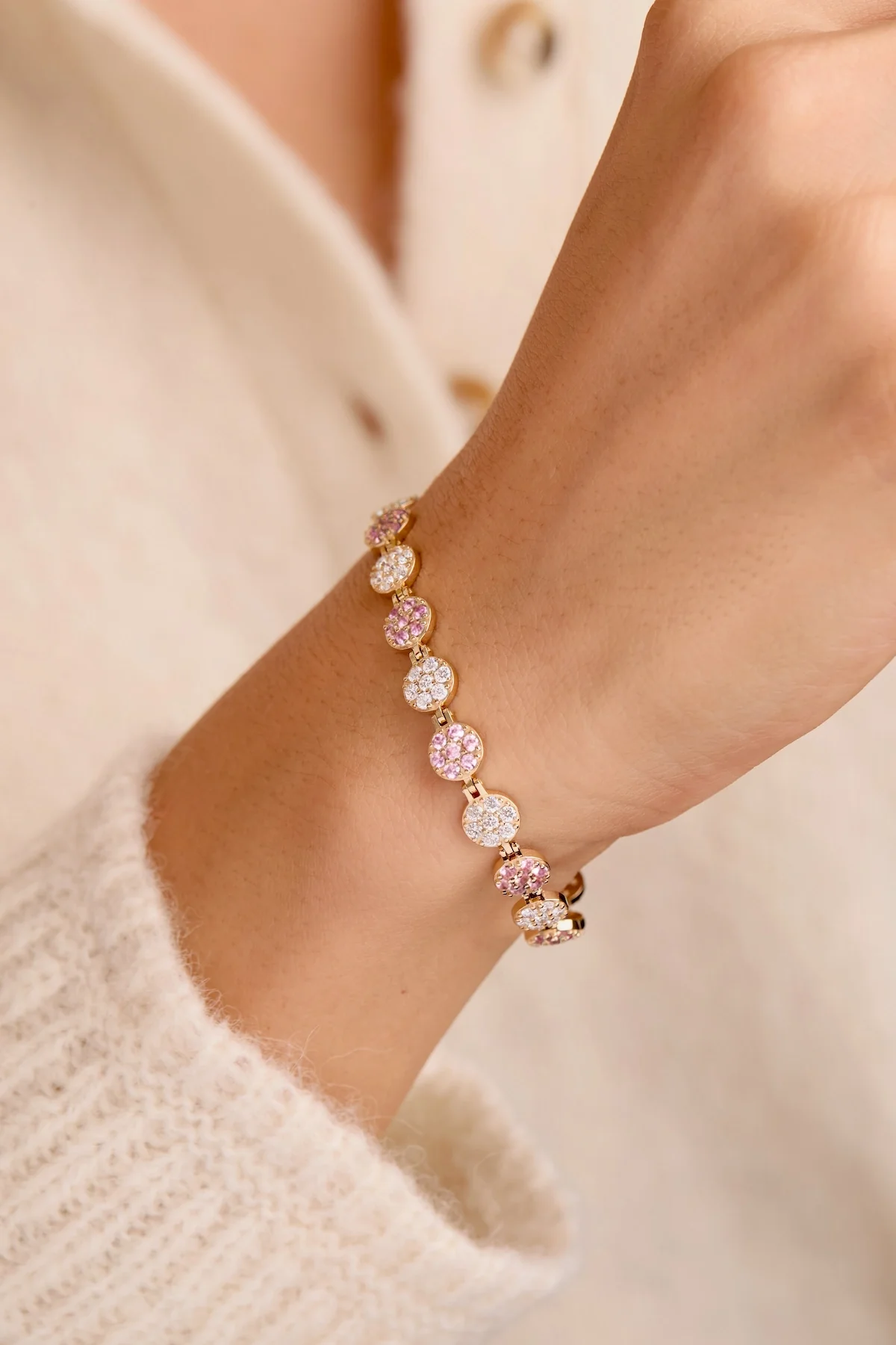 Rosecliff Tennis Diamond & Pink Sapphire Bracelet in 14k Gold (October) - Image 3