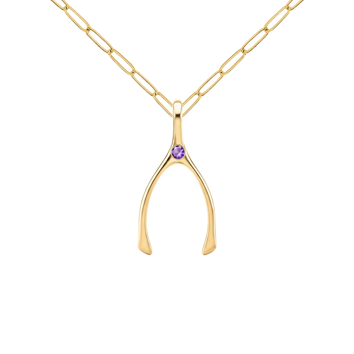 Small Amethyst Wishbone Pendant in Solid 14k Gold (February) - Image 10