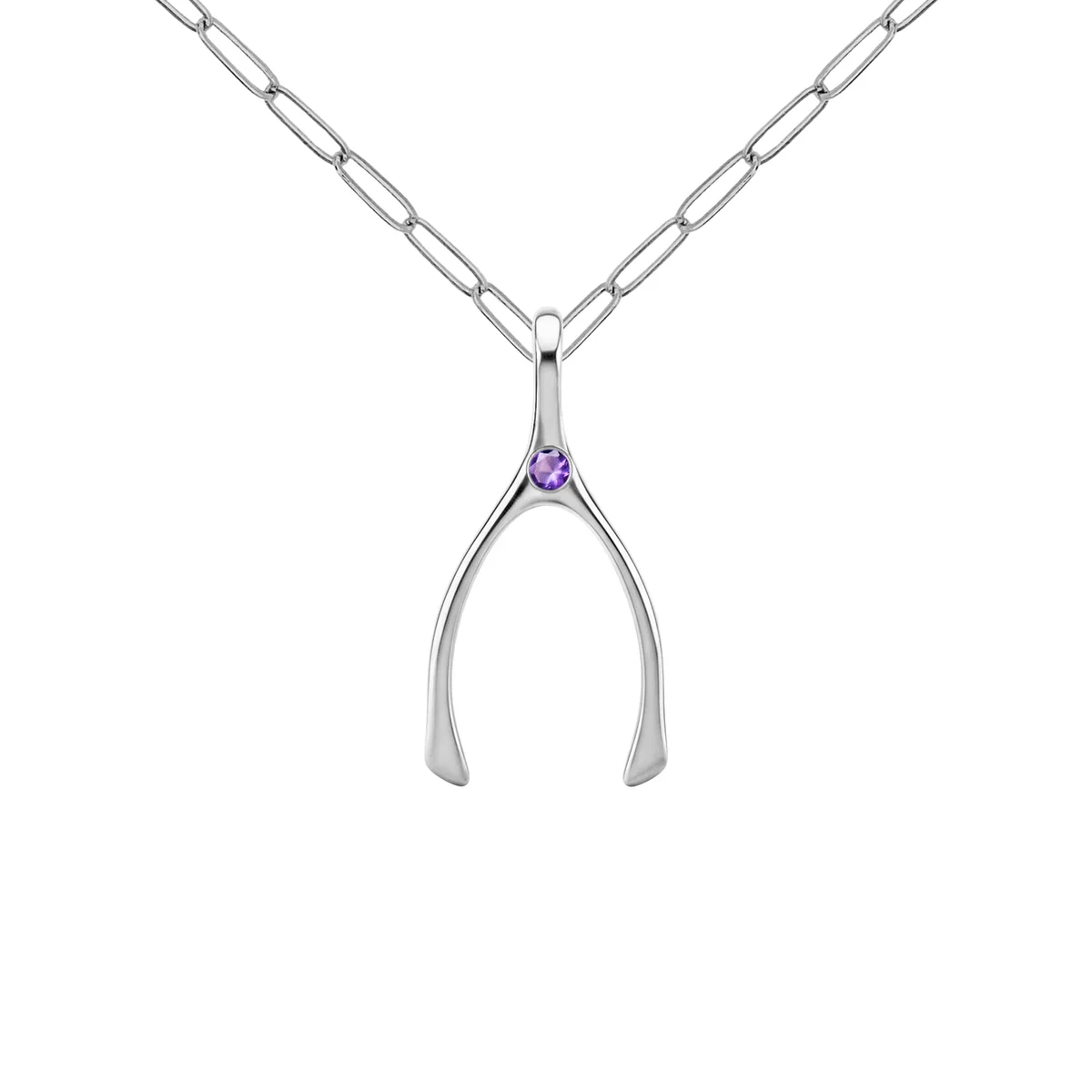 Small Amethyst Wishbone Pendant in Solid 14k Gold (February) - Image 11