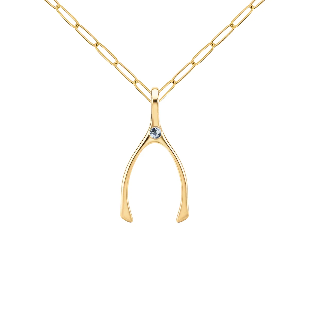 Small Aquamarine Wishbone Pendant in Solid 14k Gold (March) - Image 9
