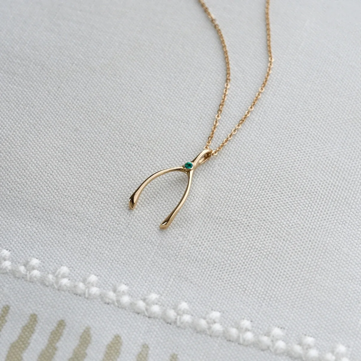 Small Emerald Wishbone Pendant in Solid 14k Gold (May) - Image 3