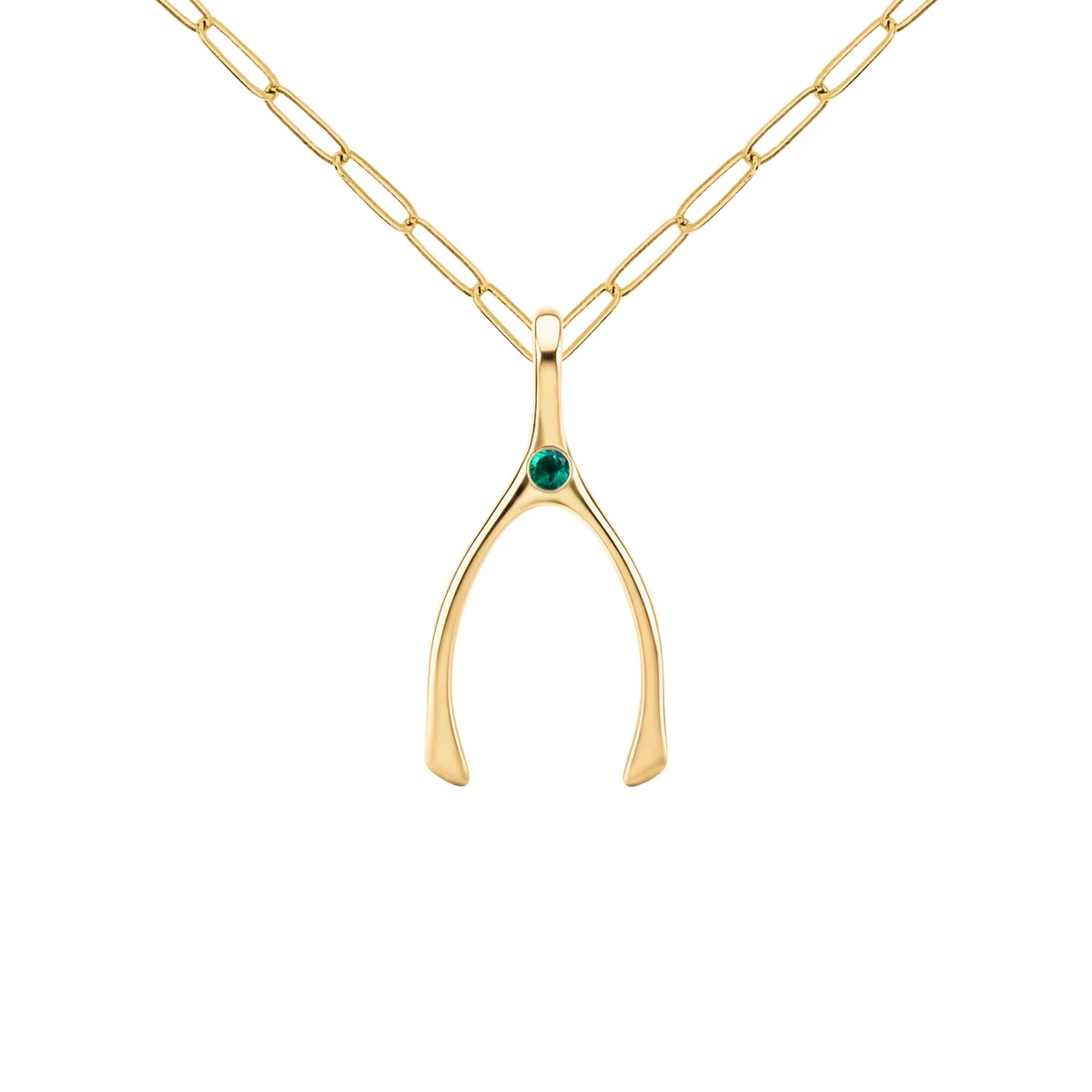 Small Emerald Wishbone Pendant in Solid 14k Gold (May) - Image 9