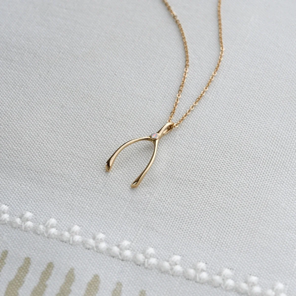 Small Opal Wishbone Pendant in Solid 14k Gold (October) - Image 3
