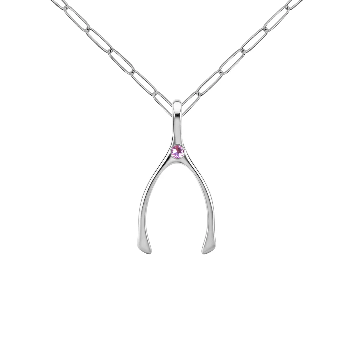Small Pink Sapphire Wishbone Pendant in Solid 14k Gold (October) - Image 11