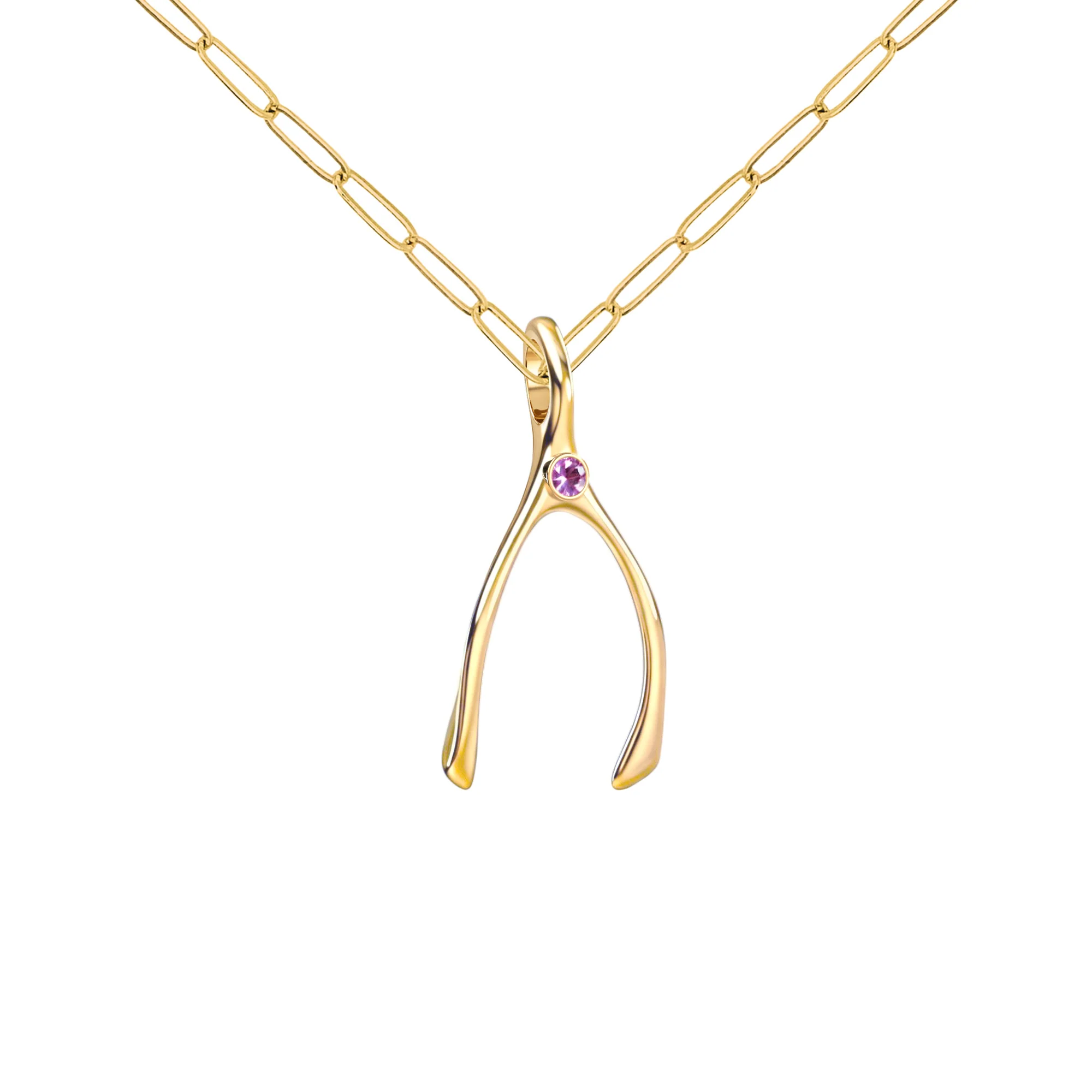 Small Pink Sapphire Wishbone Pendant in Solid 14k Gold (October) - Image 4