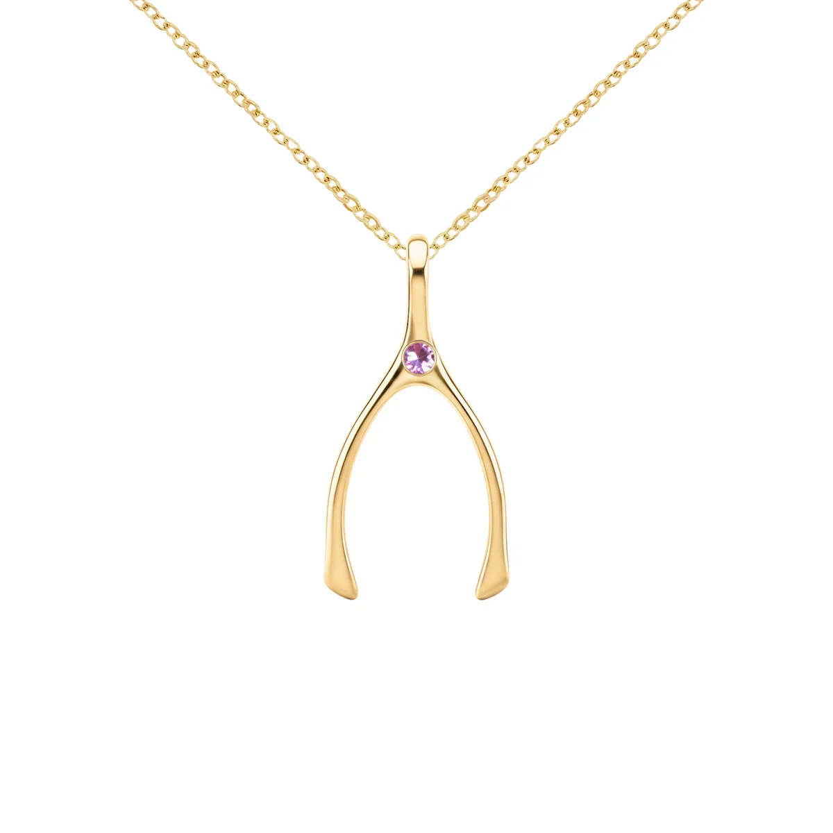 Small Pink Sapphire Wishbone Pendant in Solid 14k Gold (October) - Image 8