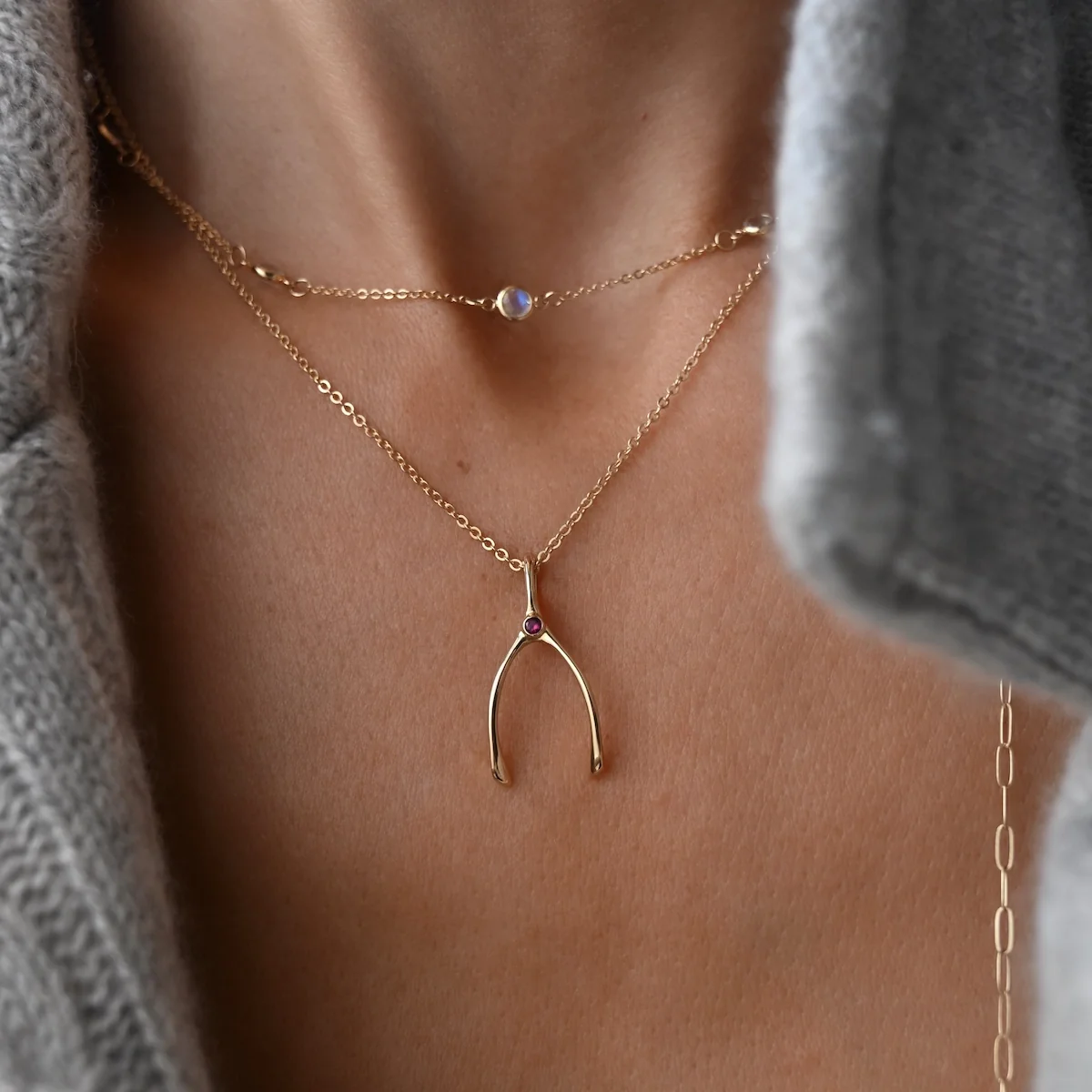 Small Wishbone Birthstone Pendant in 14K Gold - Image 3