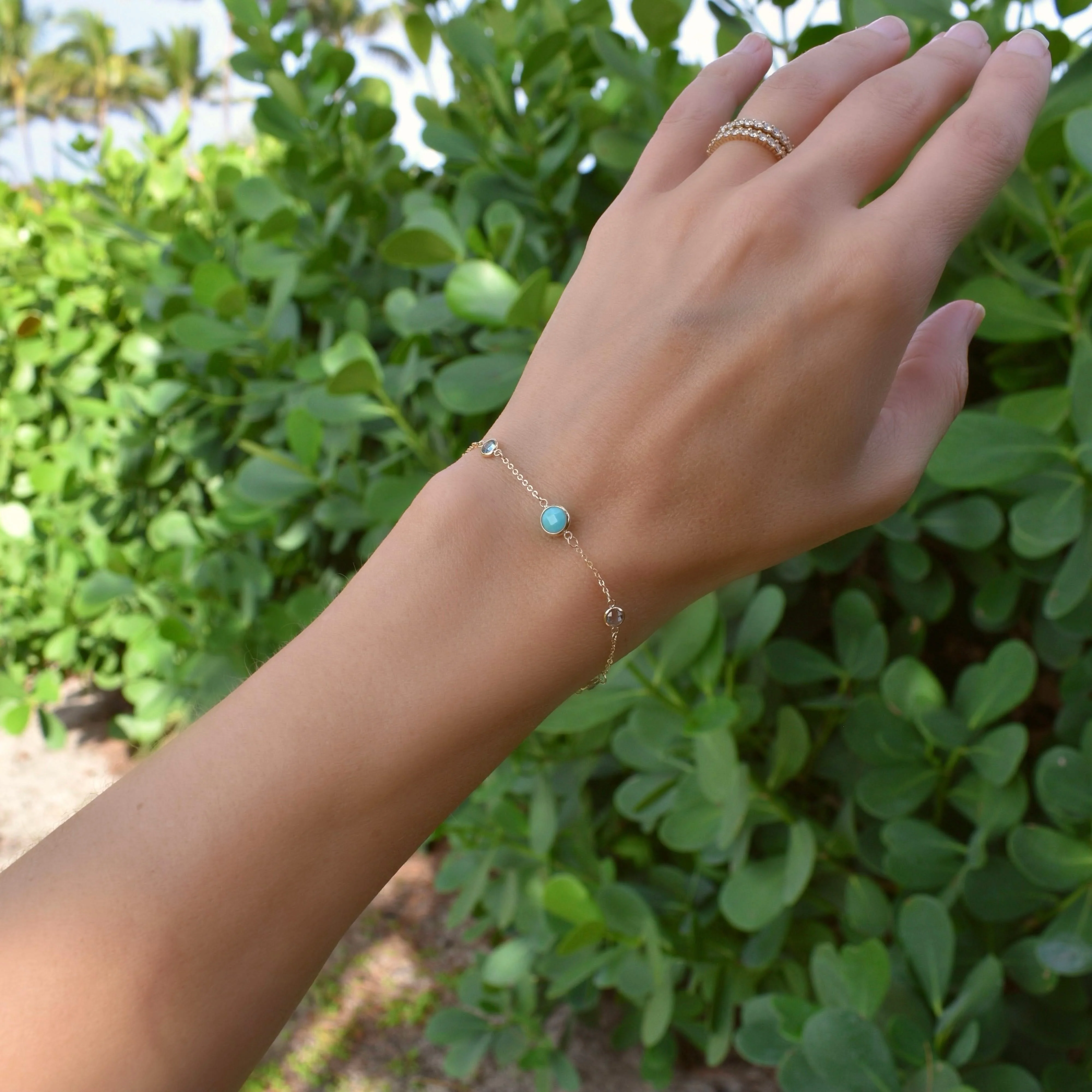 1 Grand Turquoise & 4 Petite Nantucket Blue Topaz Bracelet in 14k Gold (December) - Image 2
