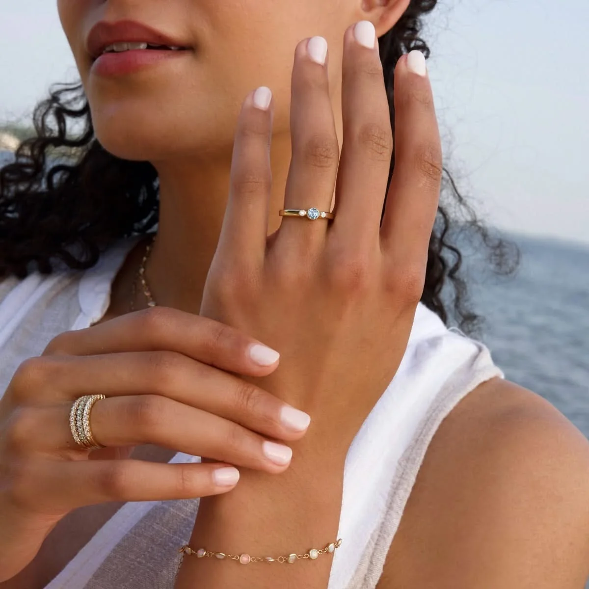 Barrington Aquamarine Ring with Diamond Side Stones in 14k Gold (March) - Image 2